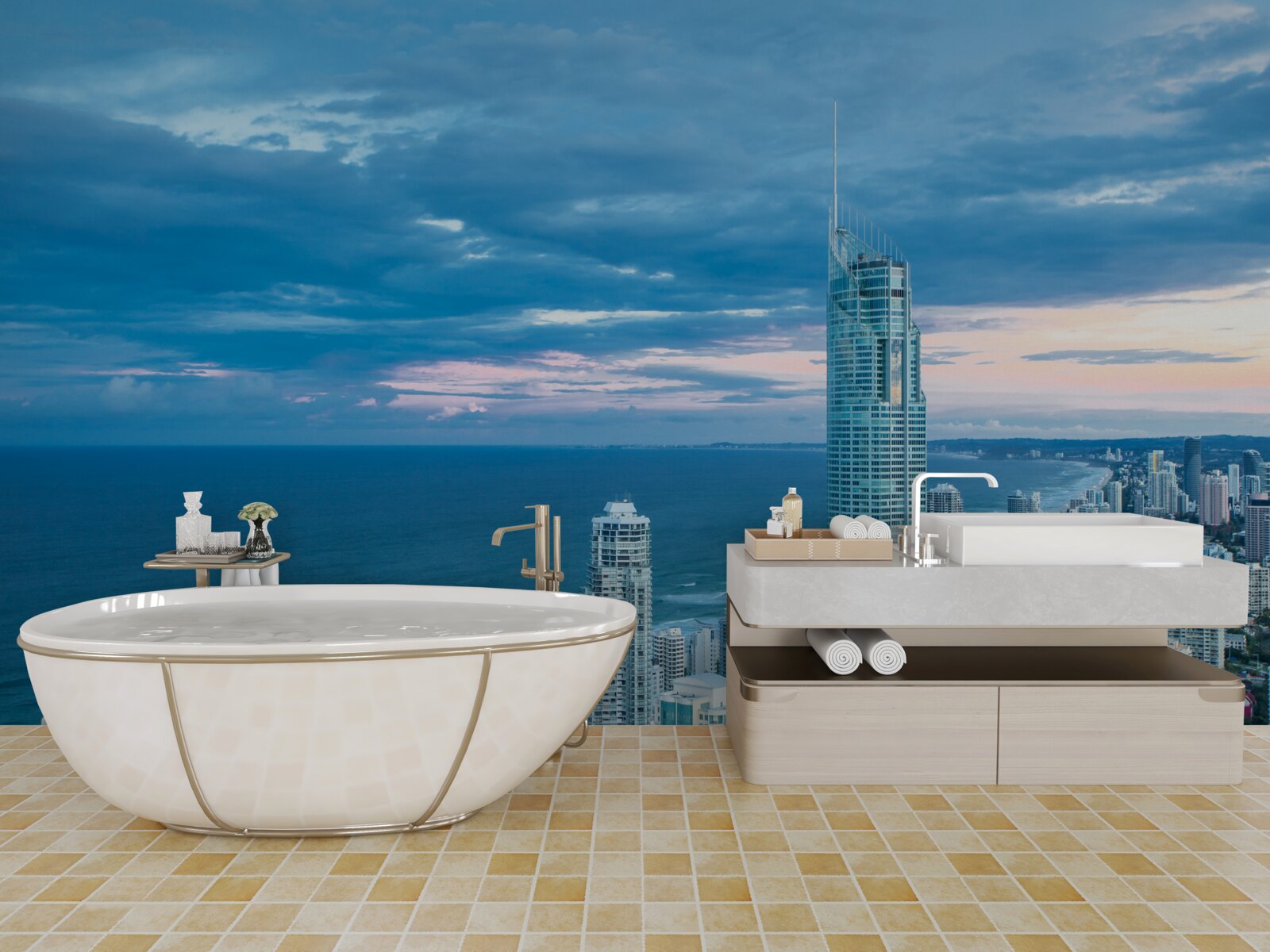 Fotobehang gigantische stad aan de kust