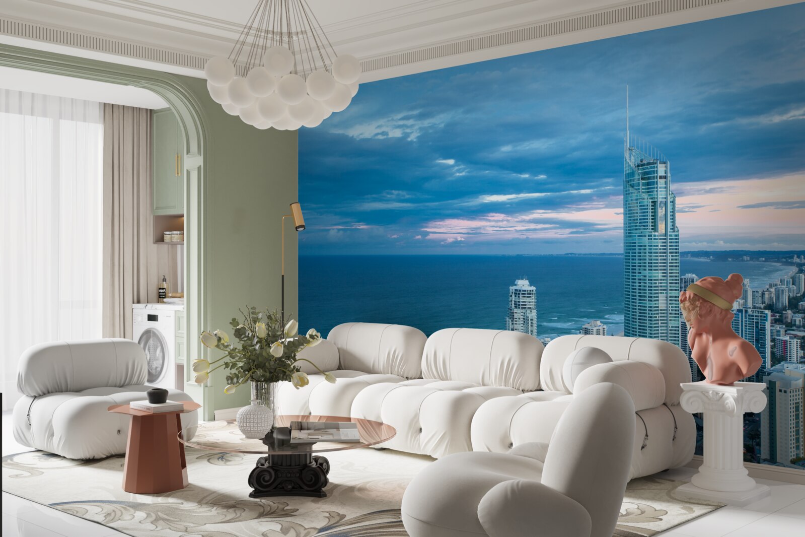 Fotobehang gigantische stad aan de kust