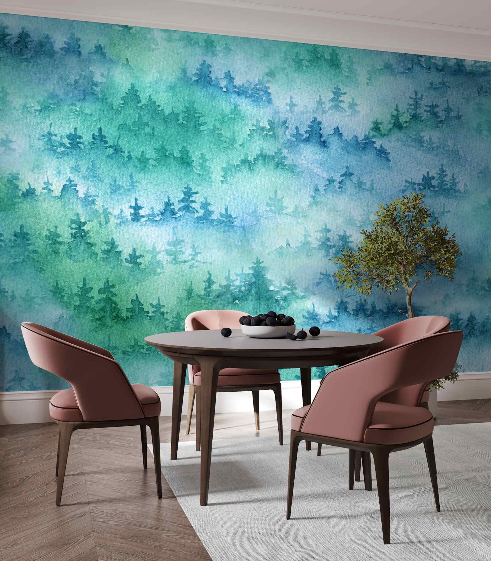 Fotobehang het naaldbos is gehuld in een dichte mist