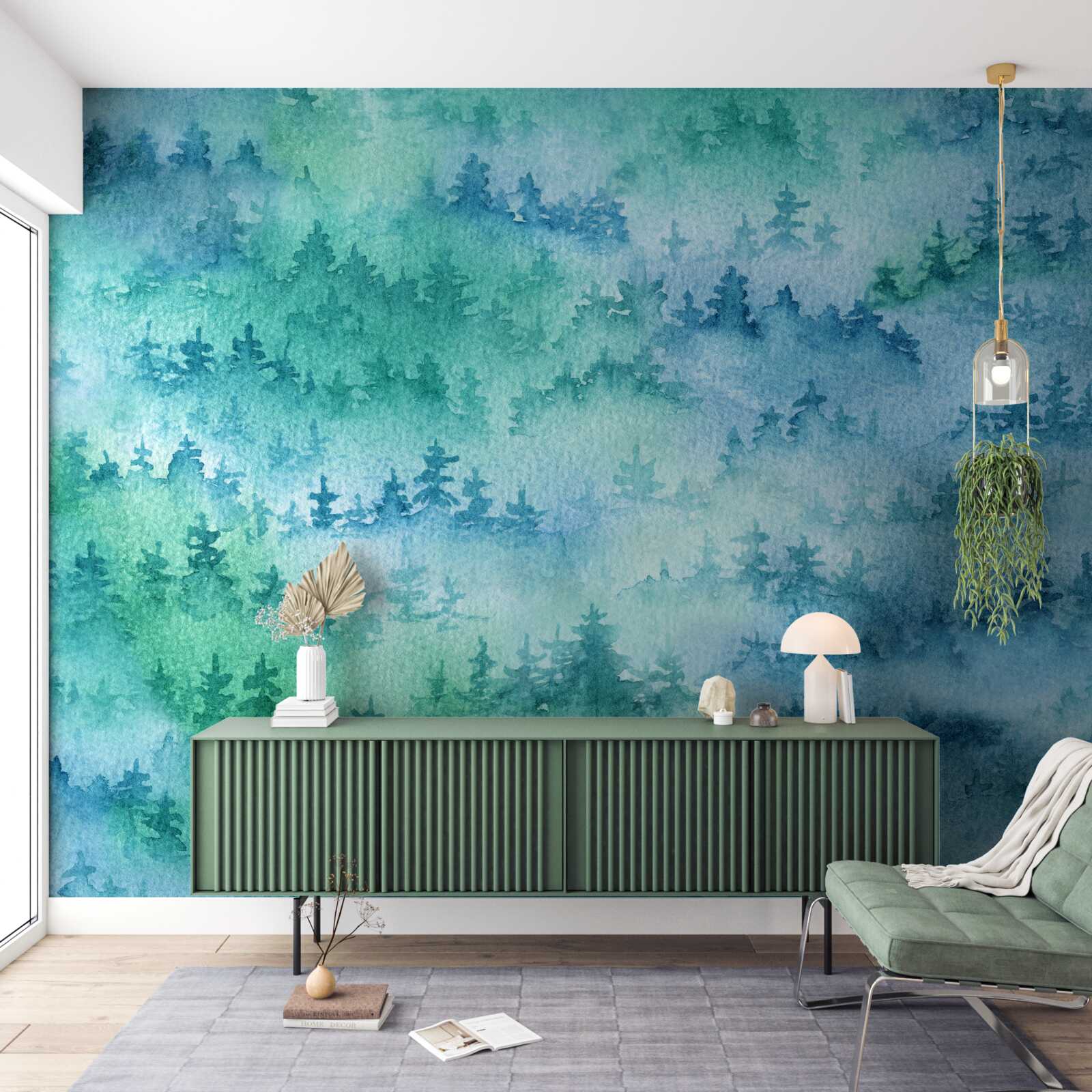 Fotobehang het naaldbos is gehuld in een dichte mist