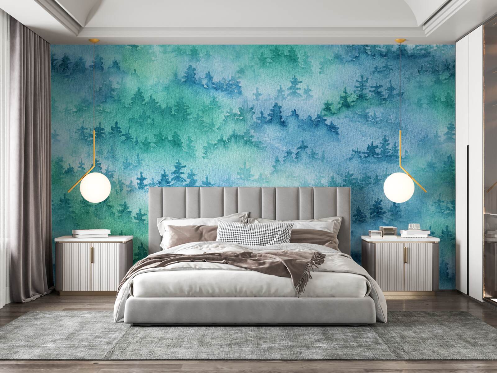 Fotobehang het naaldbos is gehuld in een dichte mist