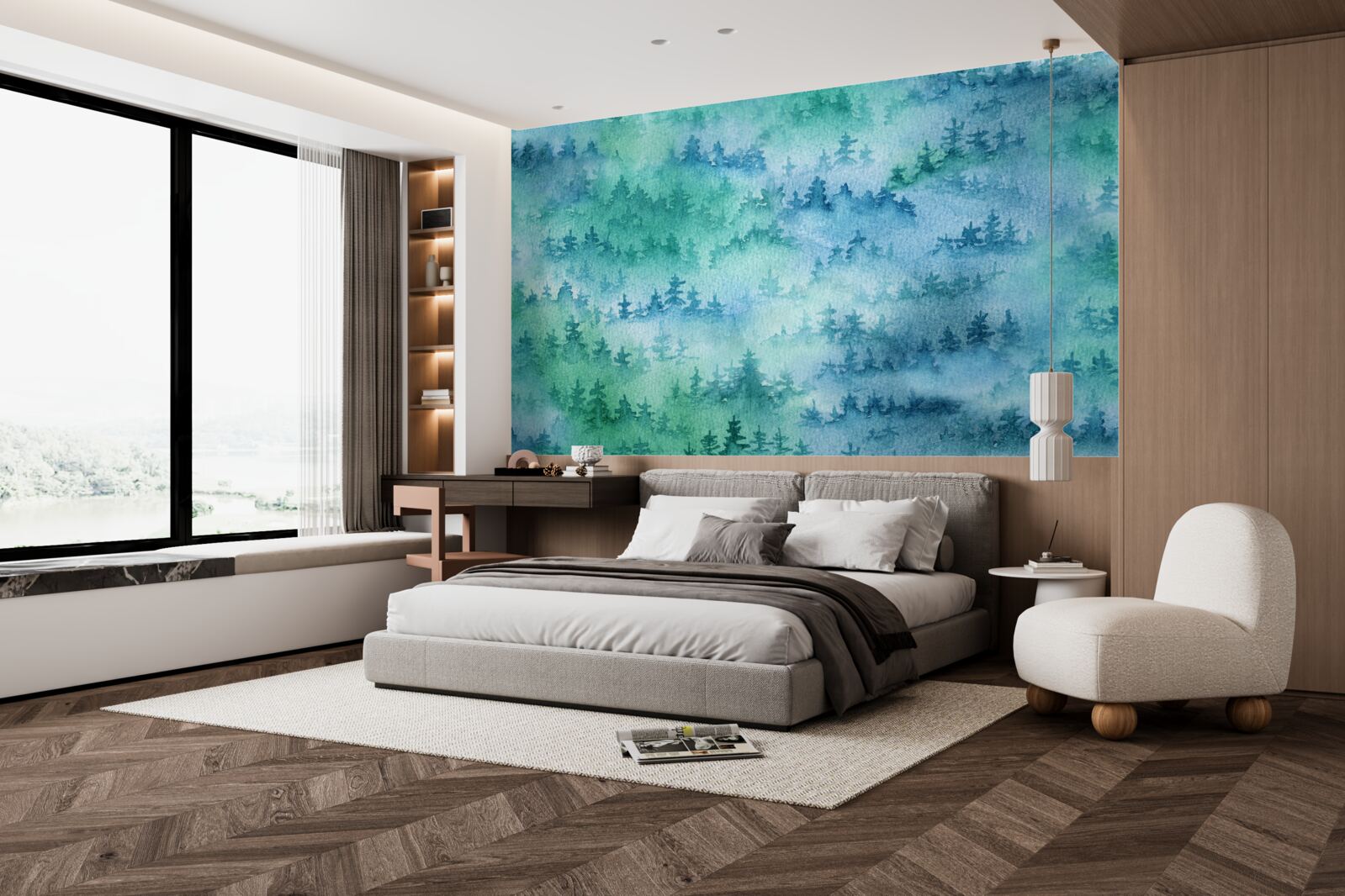 Fotobehang het naaldbos is gehuld in een dichte mist