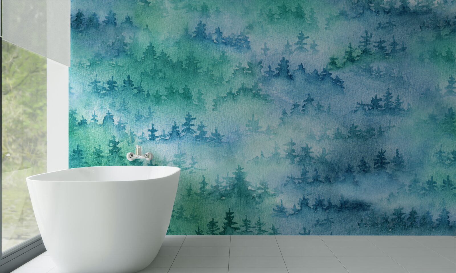 Fotobehang het naaldbos is gehuld in een dichte mist