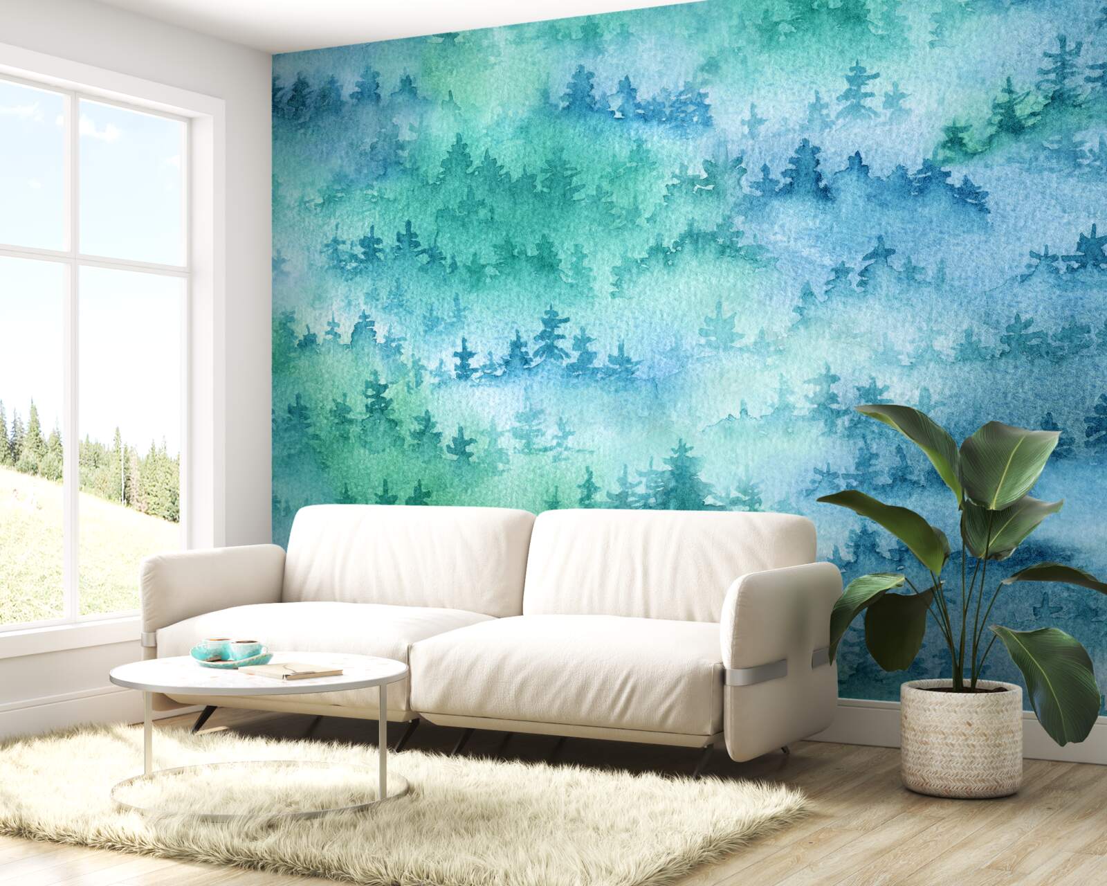 Fotobehang het naaldbos is gehuld in een dichte mist