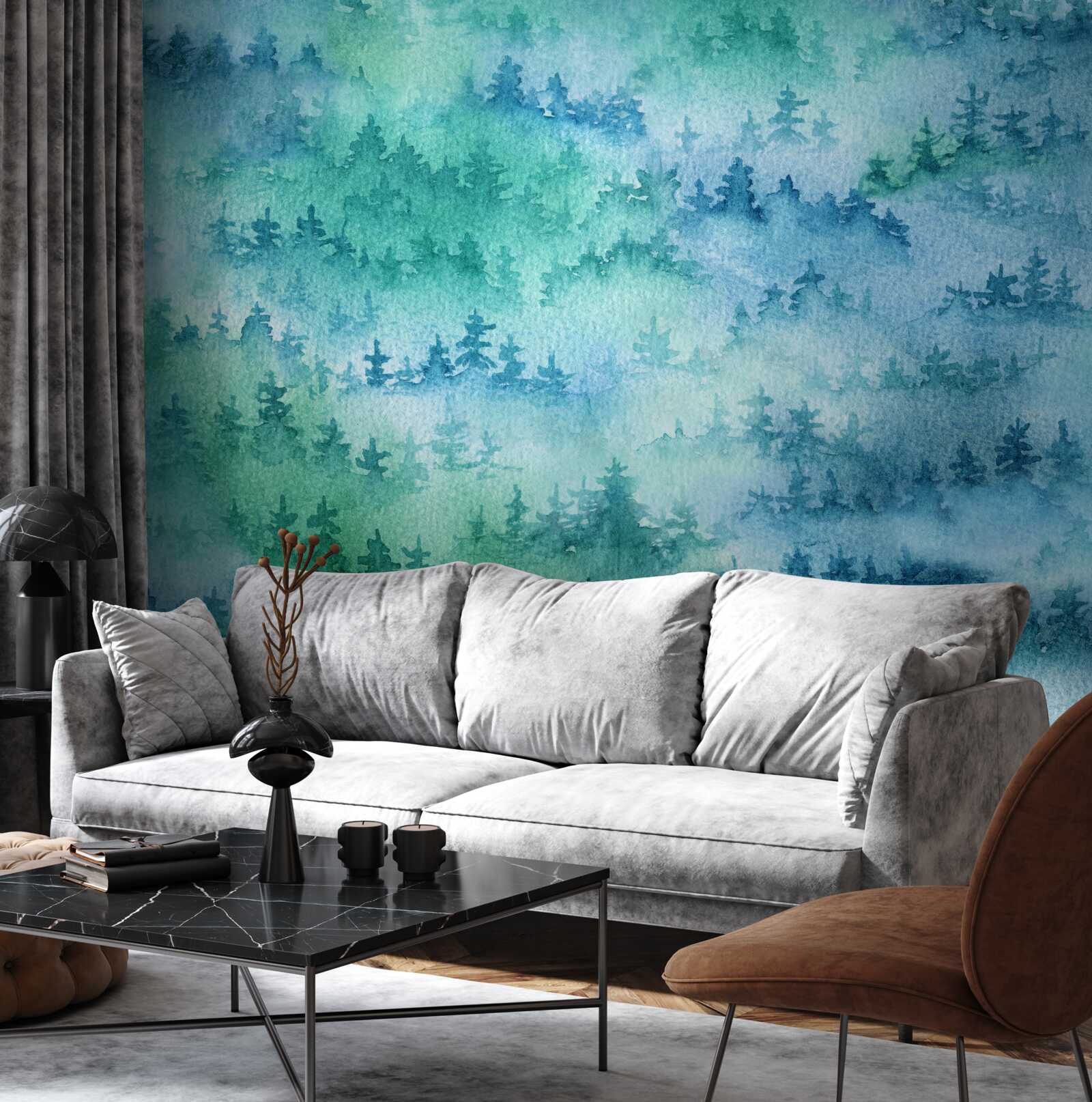 Fotobehang het naaldbos is gehuld in een dichte mist