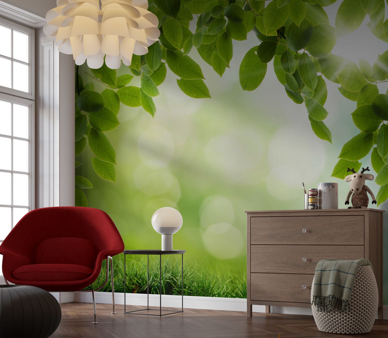 Fotobehang de zon in haar helderheid en bladeren versierd met groene druppels