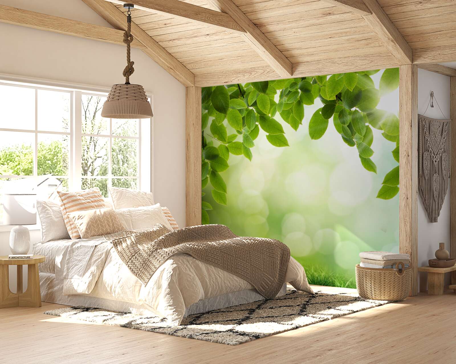 Fotobehang de zon in haar helderheid en bladeren versierd met groene druppels