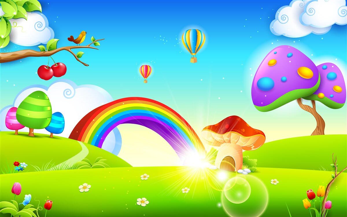 Fotobehang fantastisch gazon onder een heldere regenboog