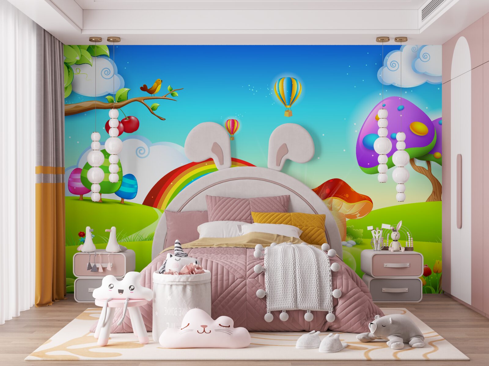 Fotobehang fantastisch gazon onder een heldere regenboog