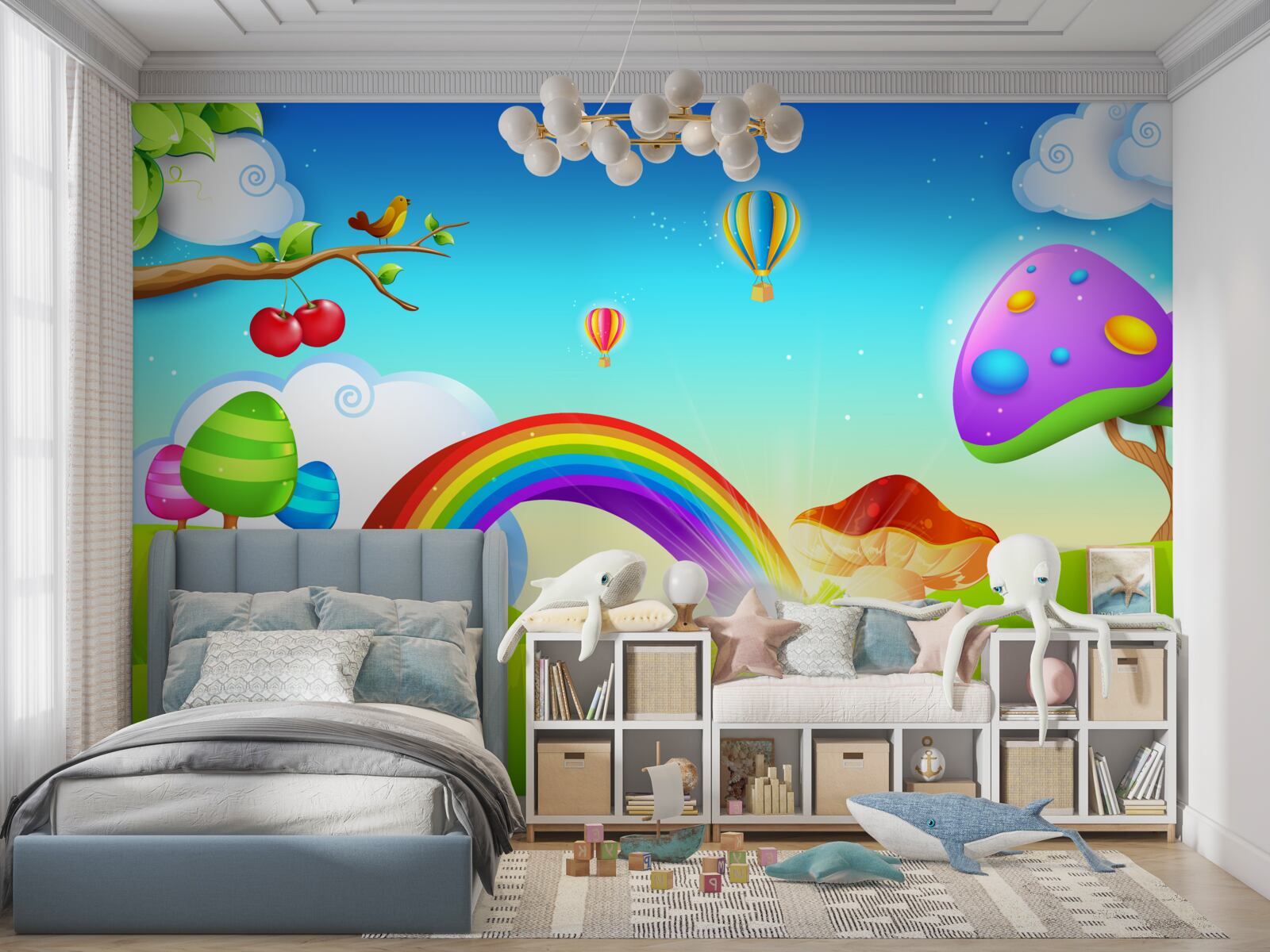 Fotobehang fantastisch gazon onder een heldere regenboog