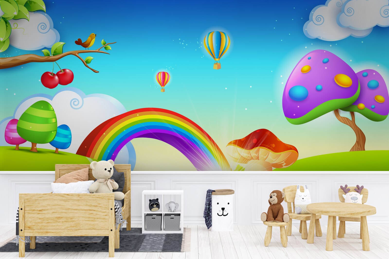 Fotobehang fantastisch gazon onder een heldere regenboog