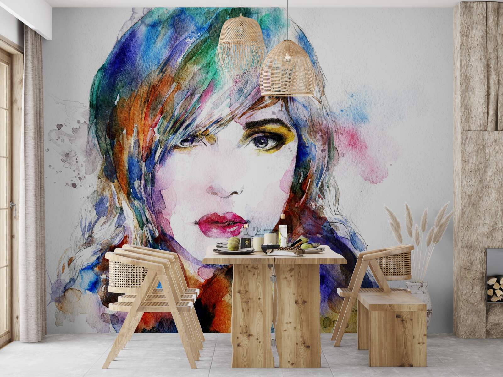 Fotobehang afbeelding van een meisje in heldere aquarelverf