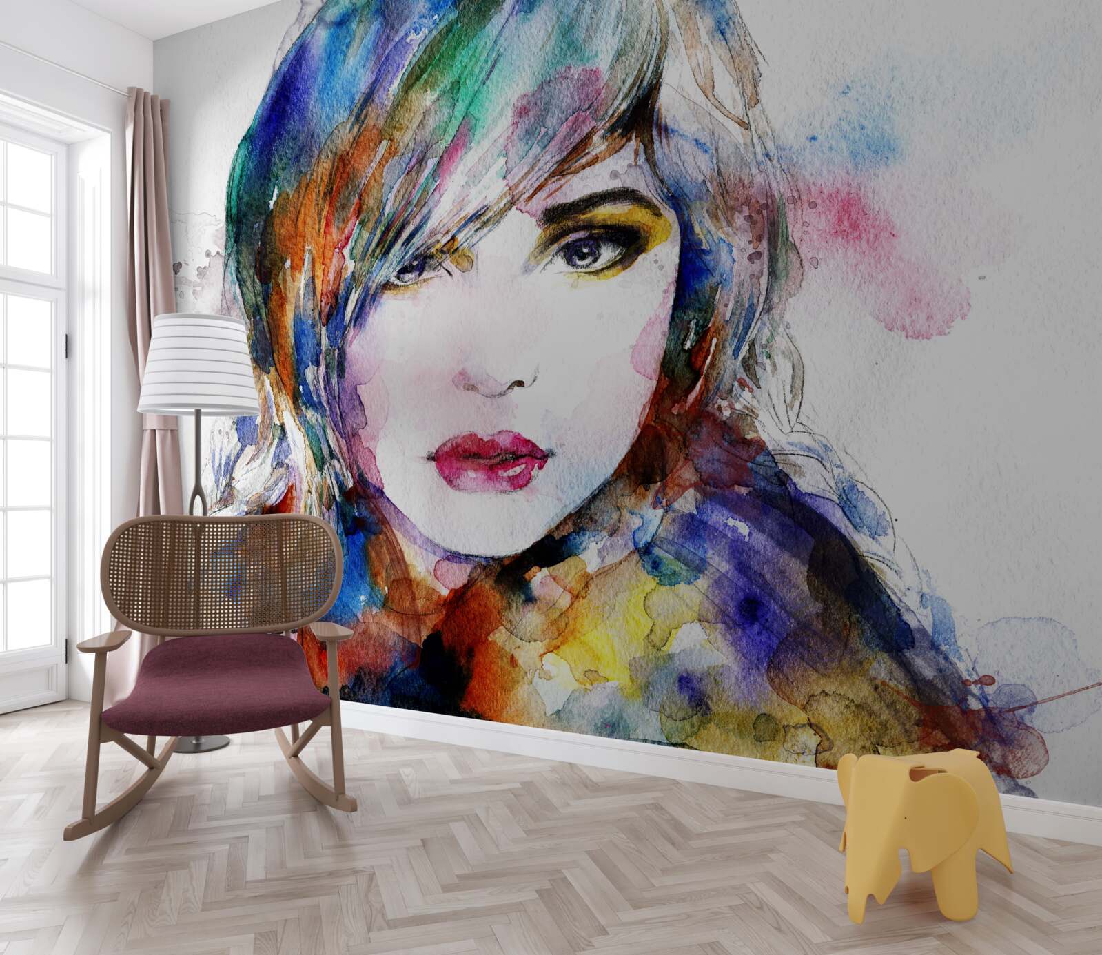 Fotobehang afbeelding van een meisje in heldere aquarelverf