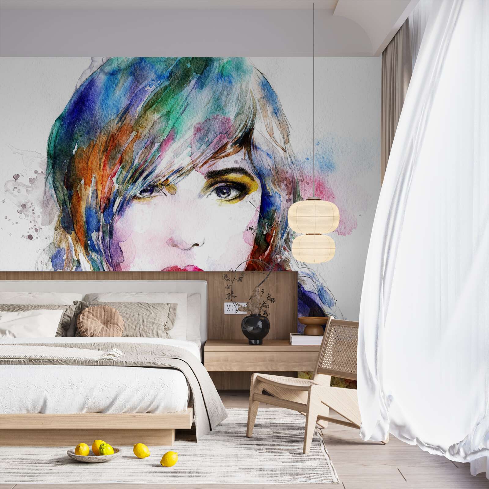 Fotobehang afbeelding van een meisje in heldere aquarelverf