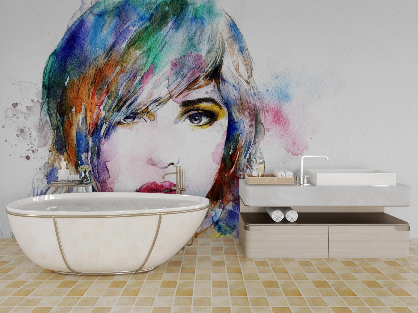 Fotobehang afbeelding van een meisje in heldere aquarelverf