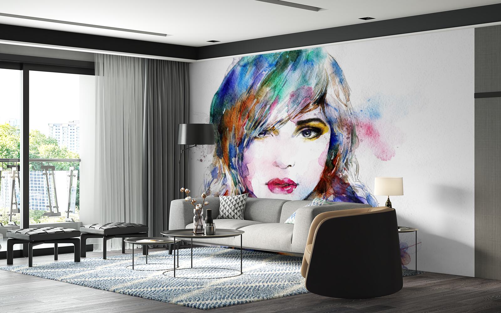 Fotobehang afbeelding van een meisje in heldere aquarelverf