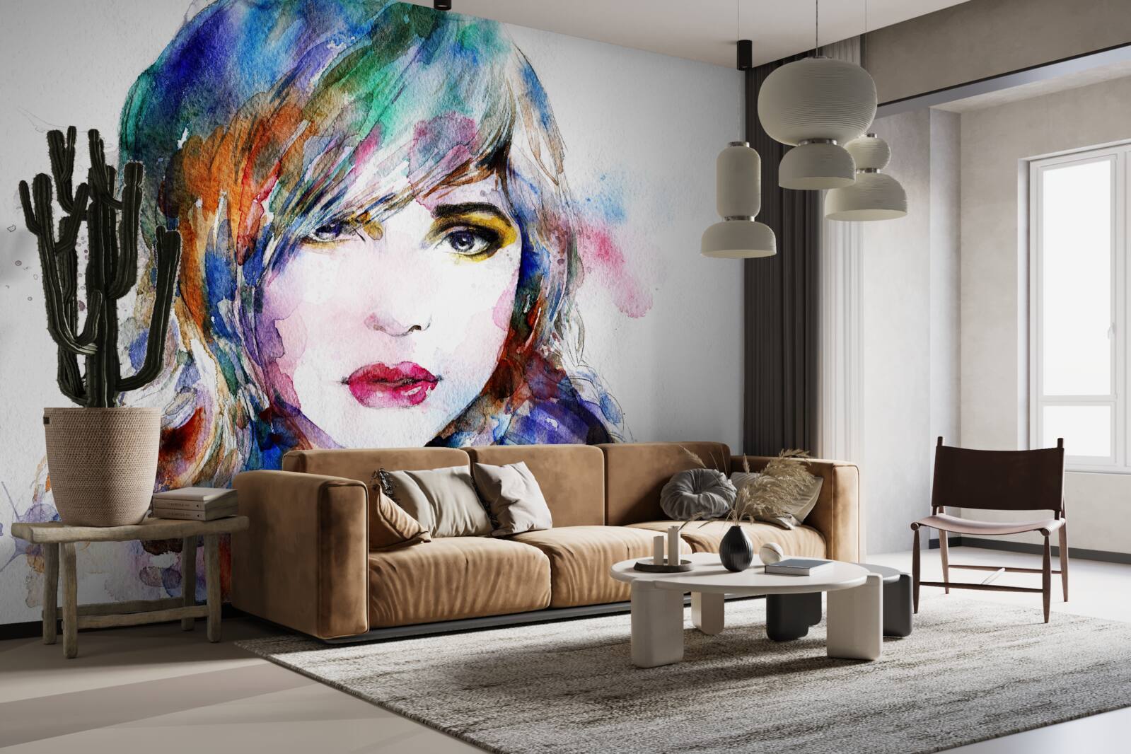 Fotobehang afbeelding van een meisje in heldere aquarelverf