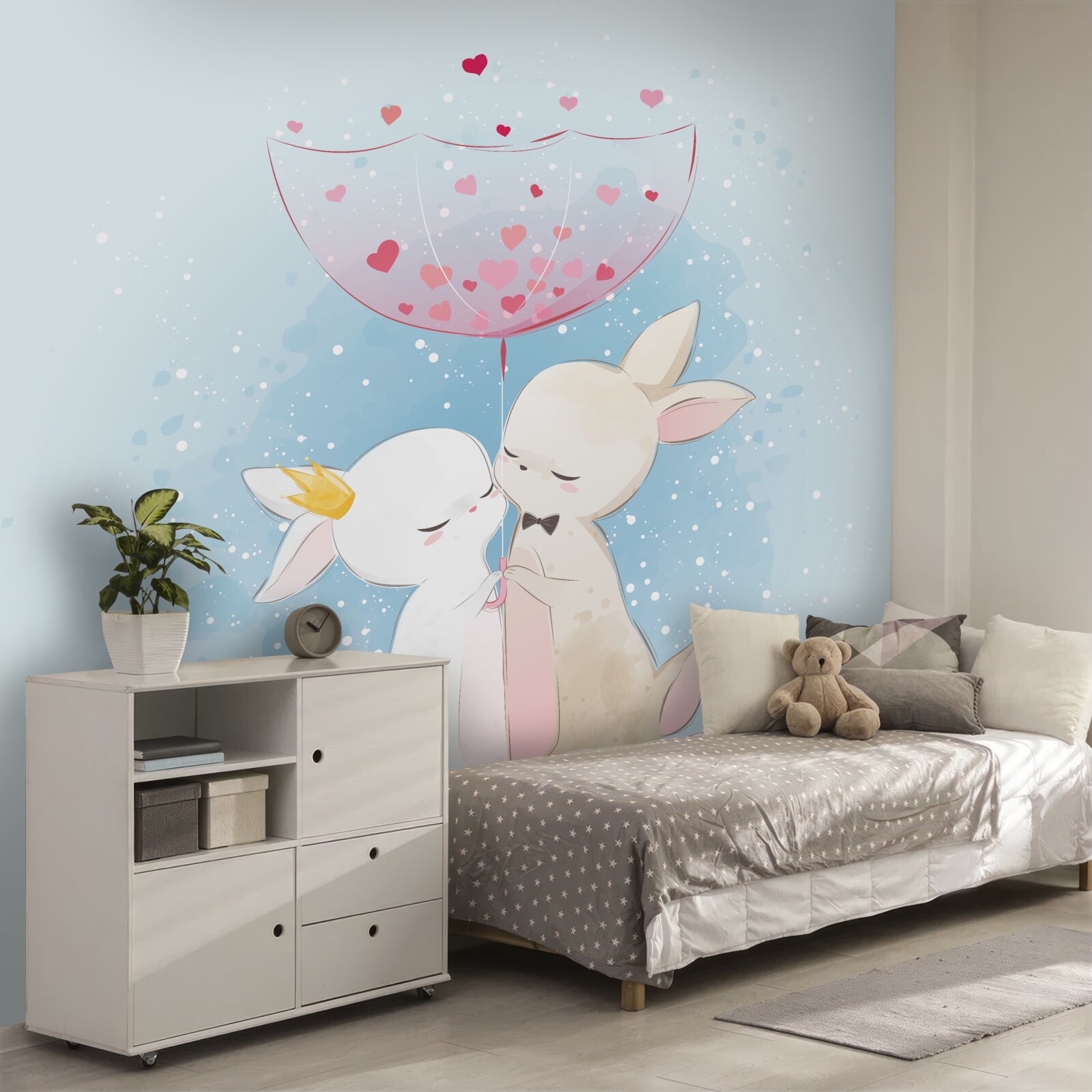 Fotobehang Verliefde konijntjes onder een paraplu