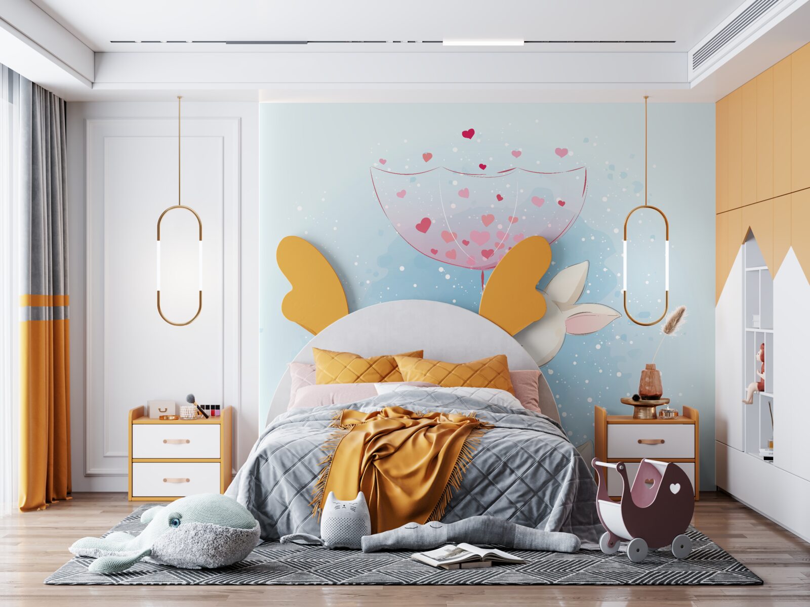 Fotobehang Verliefde konijntjes onder een paraplu