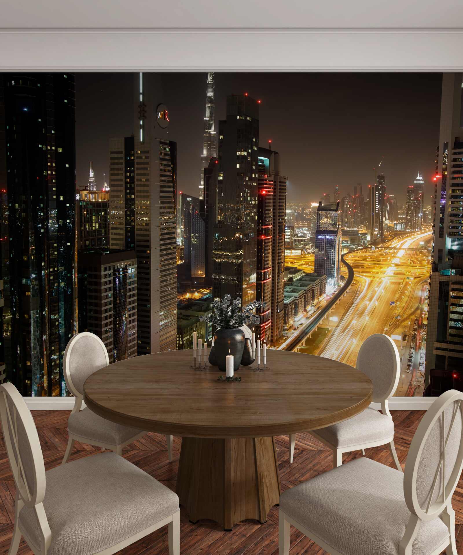 Fotobehang de nachtlaan is omgeven door woongebouwen met meerdere verdiepingen