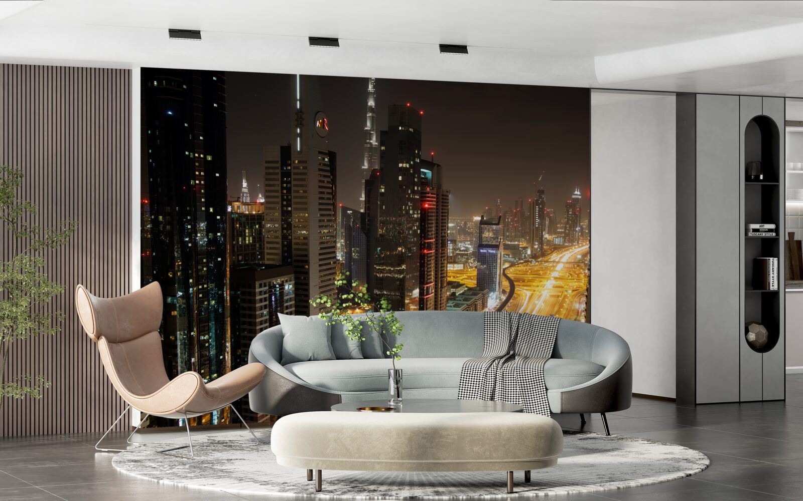 Fotobehang de nachtlaan is omgeven door woongebouwen met meerdere verdiepingen