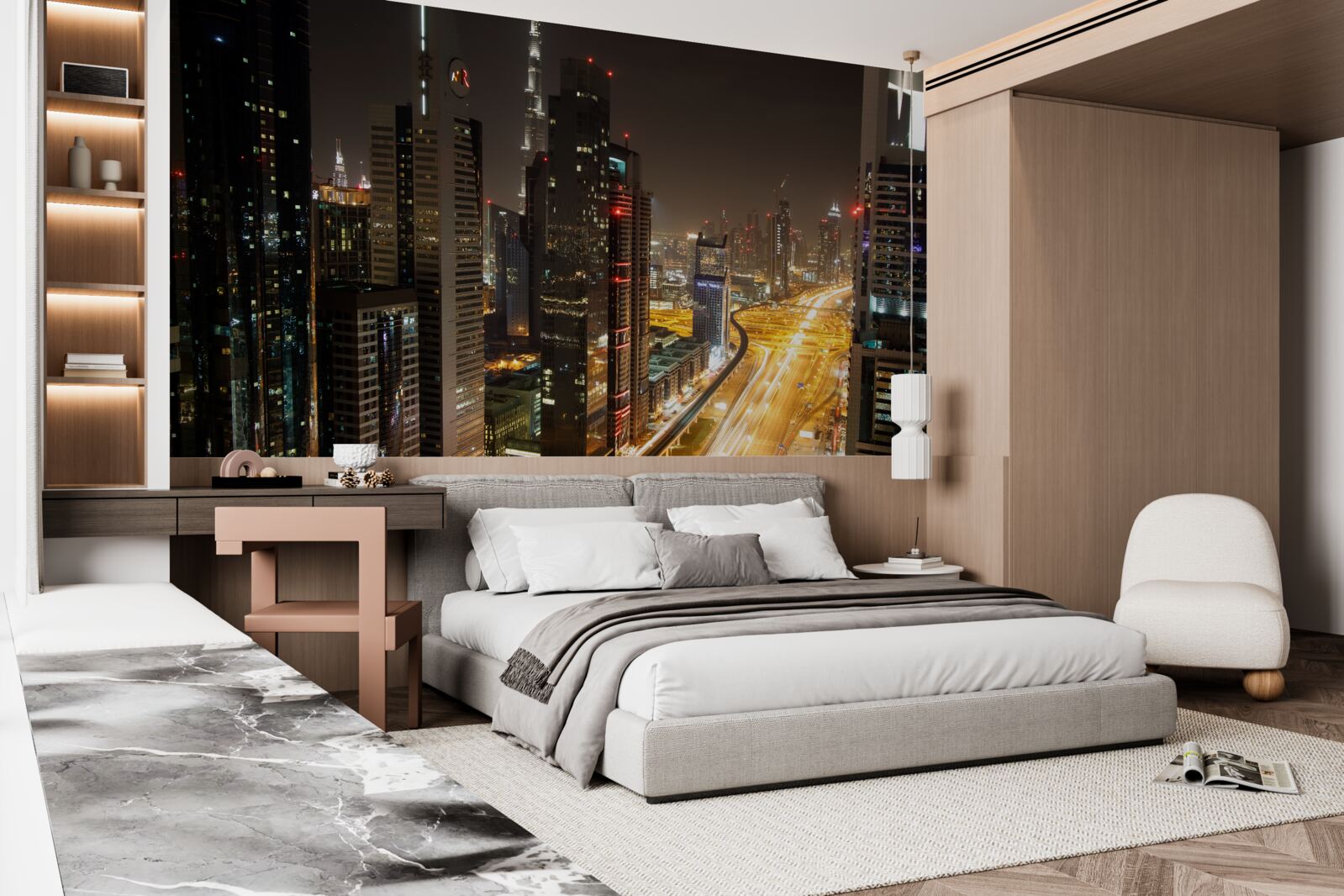 Fotobehang de nachtlaan is omgeven door woongebouwen met meerdere verdiepingen