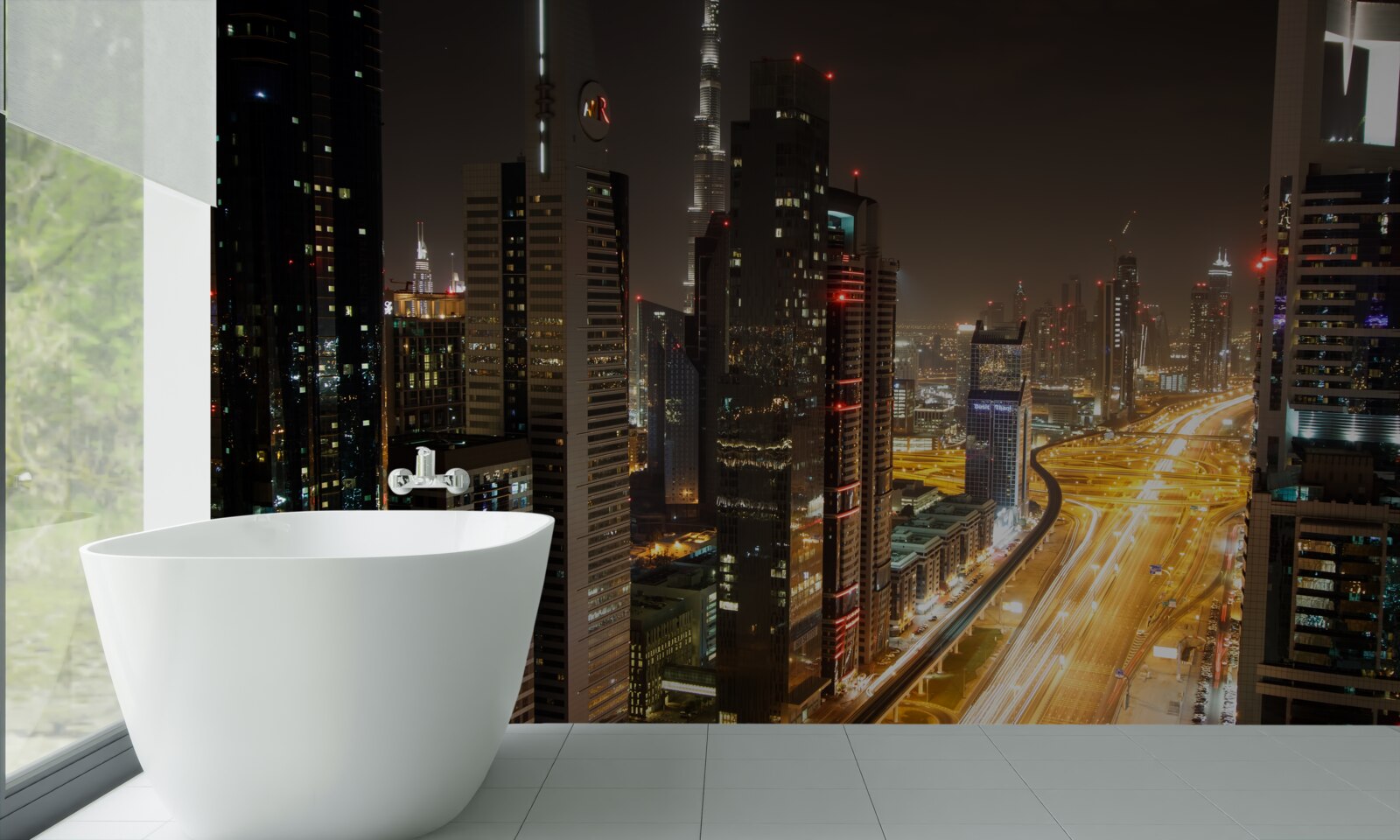 Fotobehang de nachtlaan is omgeven door woongebouwen met meerdere verdiepingen