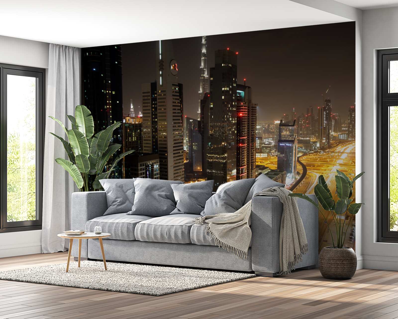 Fotobehang de nachtlaan is omgeven door woongebouwen met meerdere verdiepingen