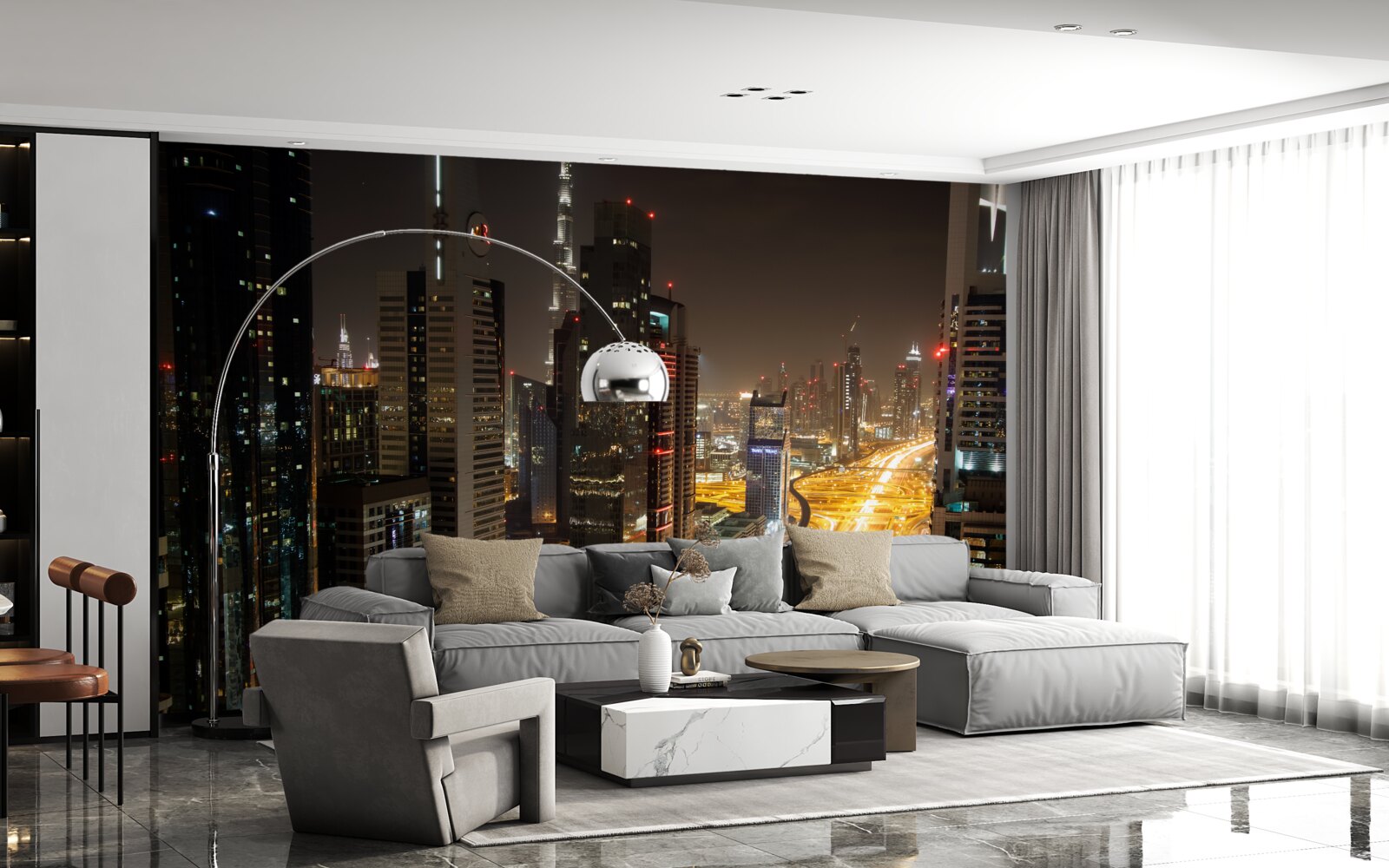 Fotobehang de nachtlaan is omgeven door woongebouwen met meerdere verdiepingen