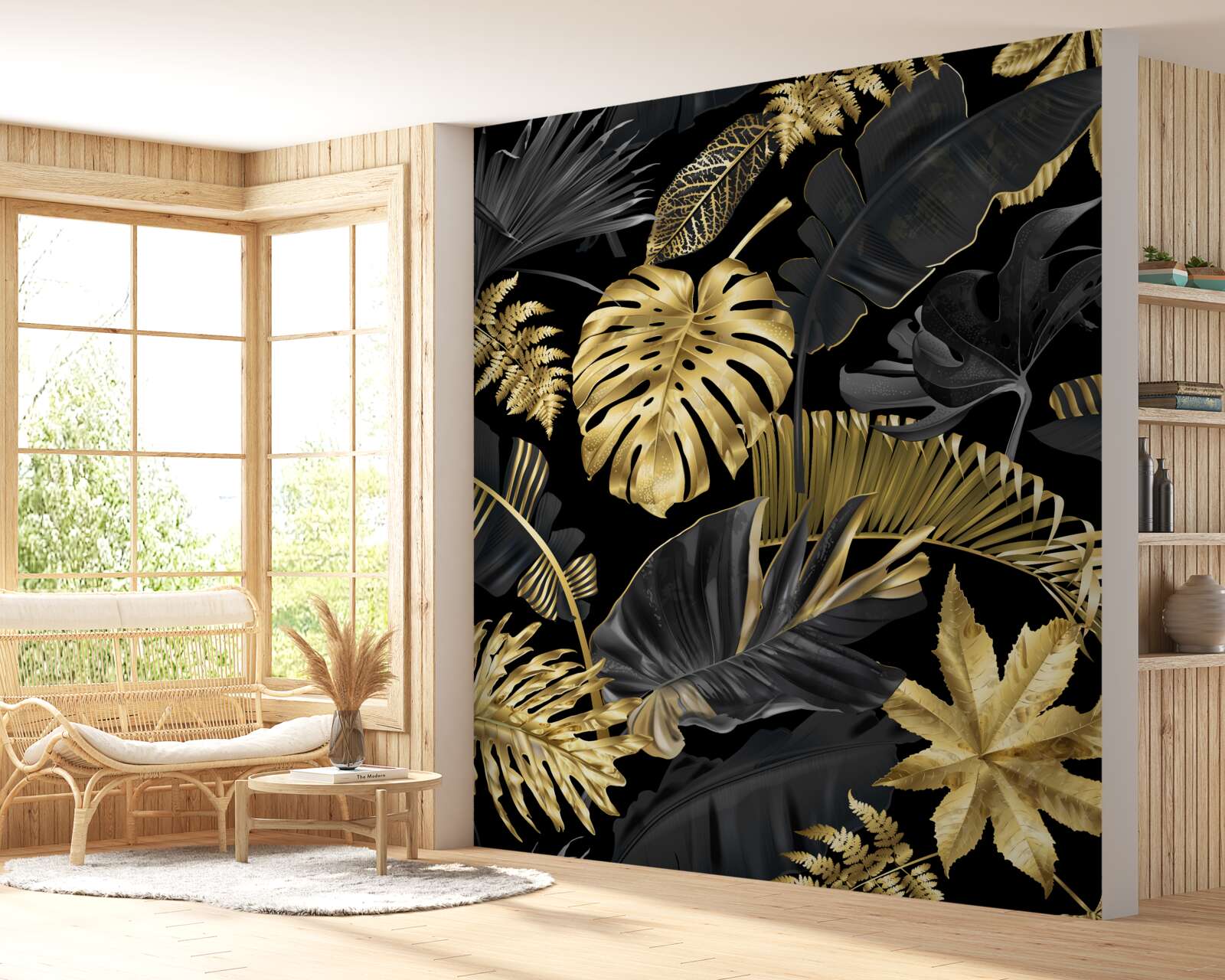 Fotobehang tropische bladeren in zwart en goud