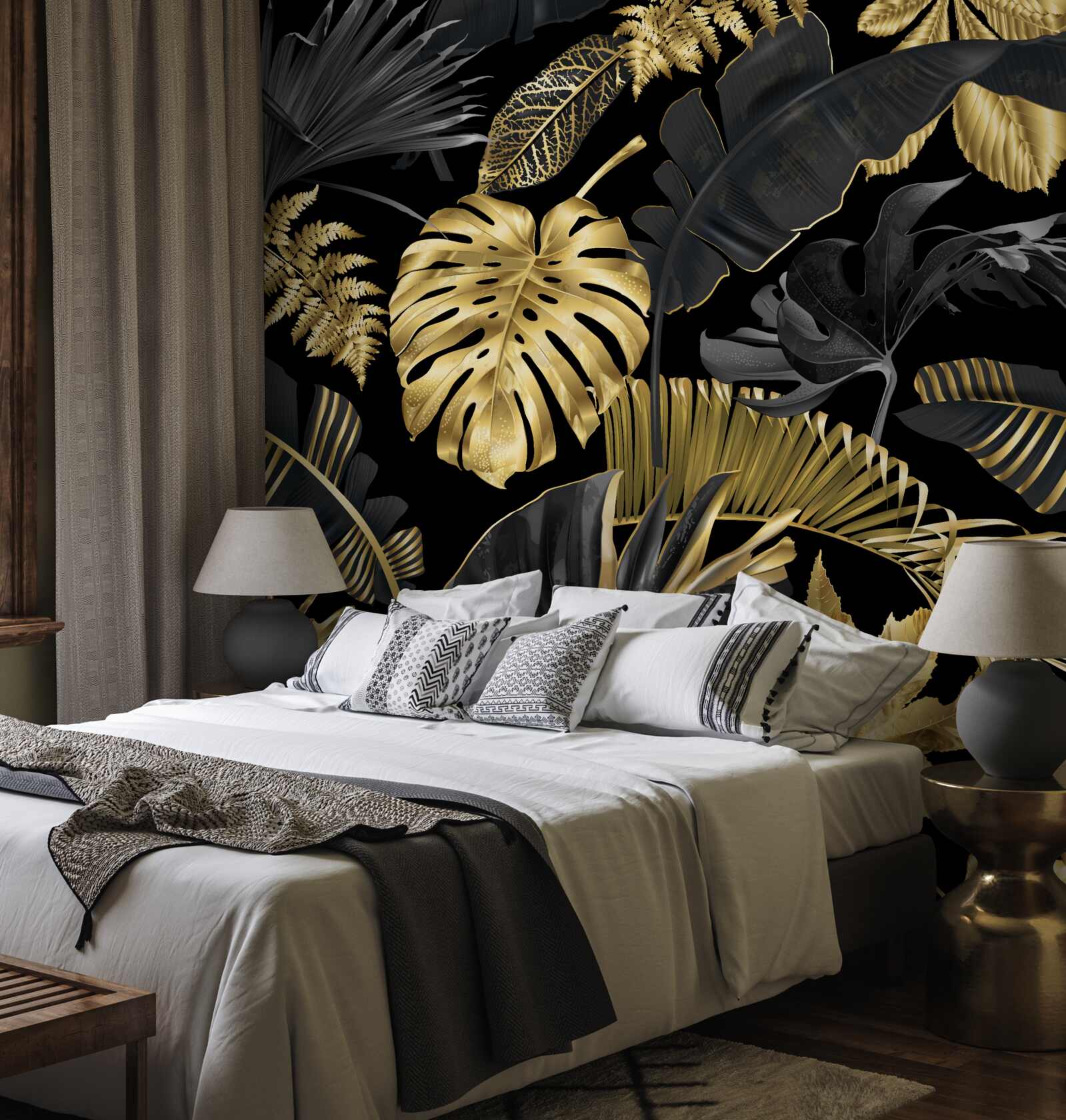 Fotobehang tropische bladeren in zwart en goud