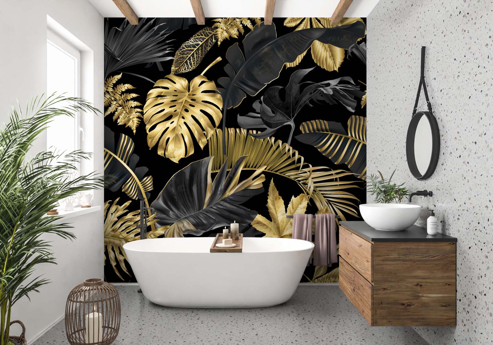 Fotobehang tropische bladeren in zwart en goud