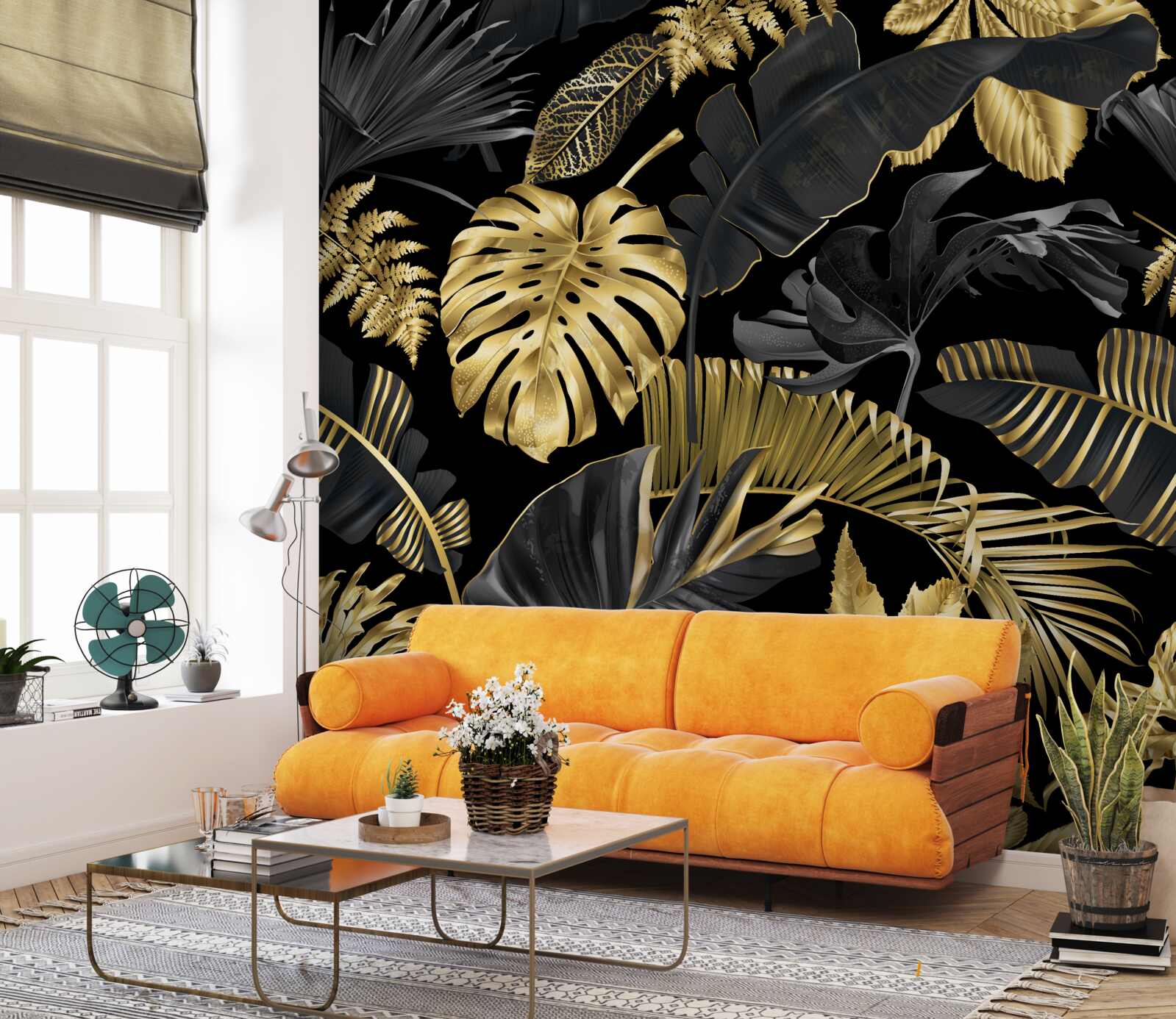 Fotobehang tropische bladeren in zwart en goud