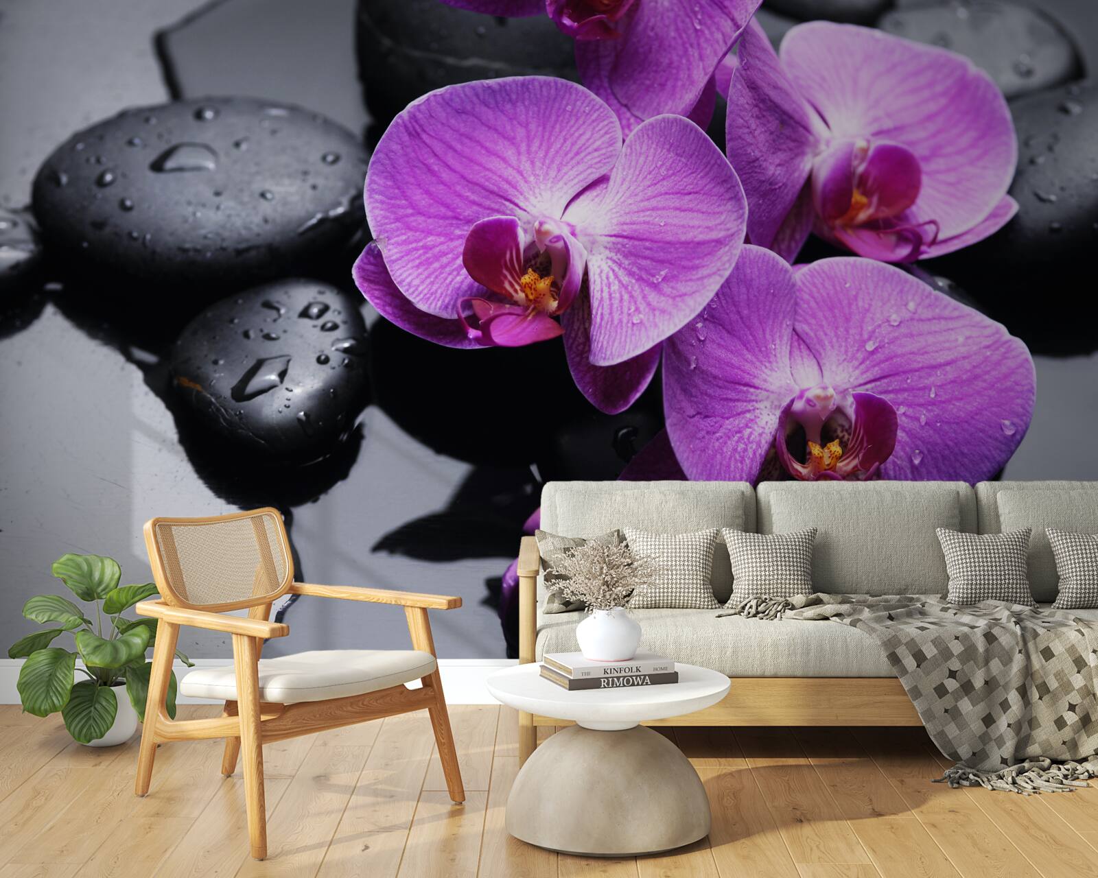 Fotobehang paarse orchidee omringd door water en stenen