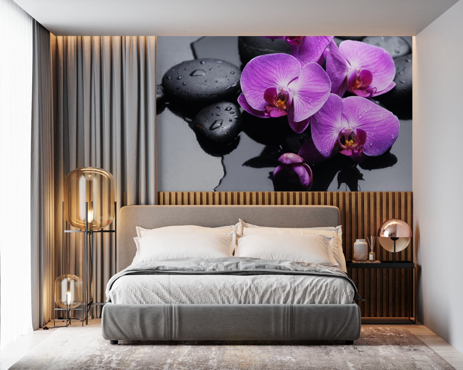 Fotobehang paarse orchidee omringd door water en stenen