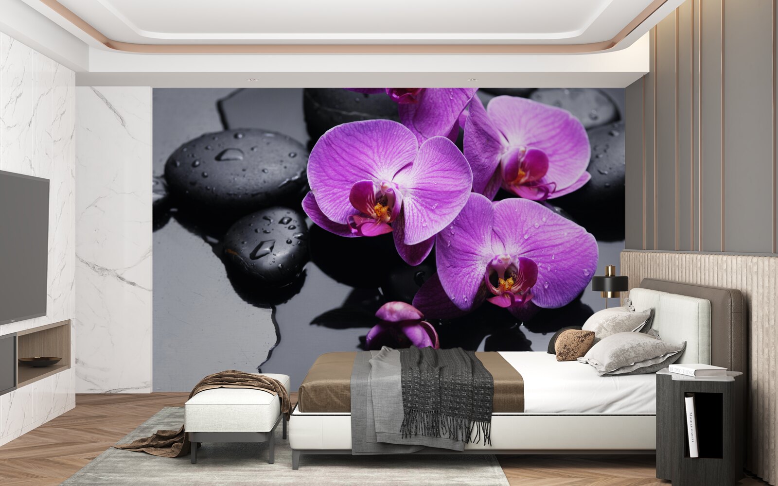 Fotobehang paarse orchidee omringd door water en stenen