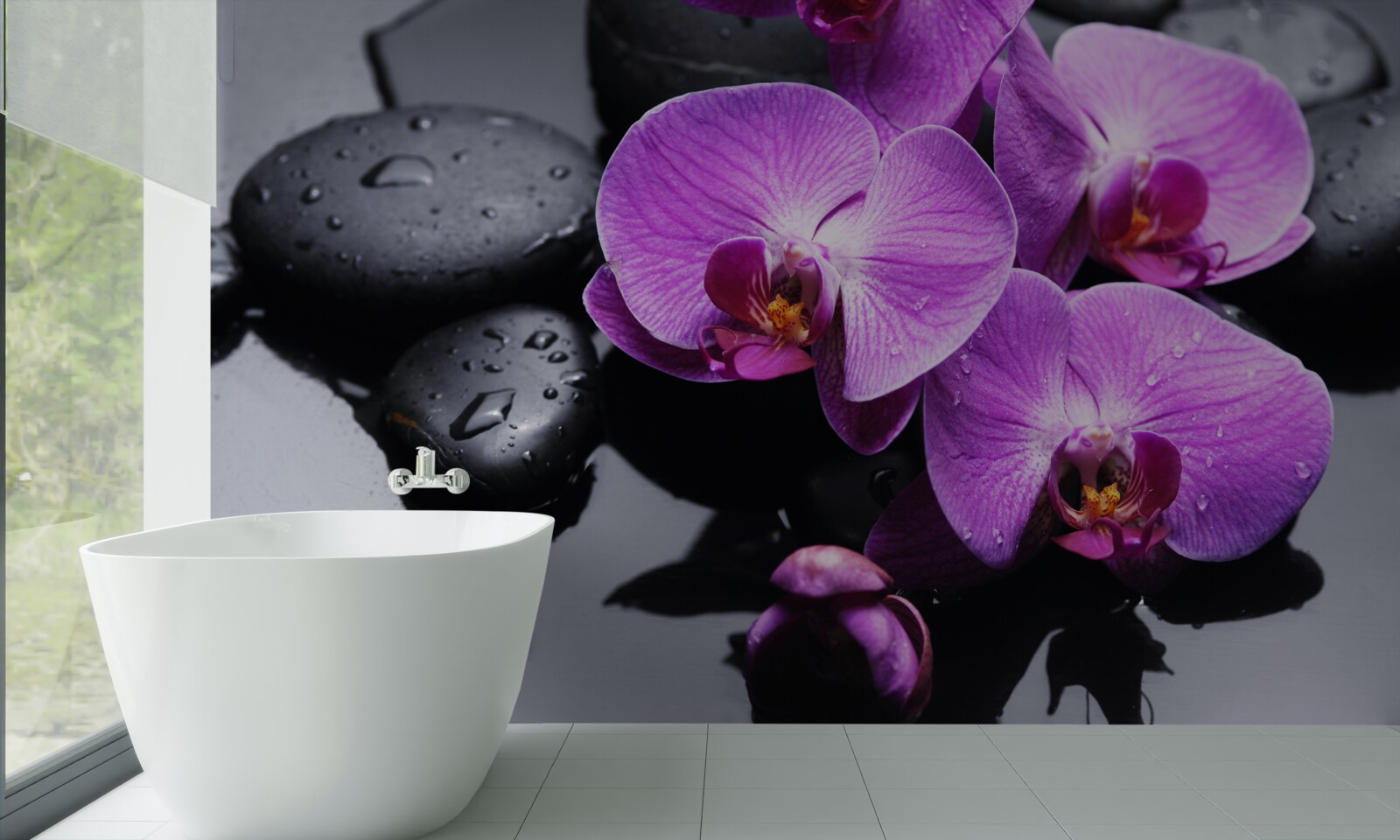 Fotobehang paarse orchidee omringd door water en stenen