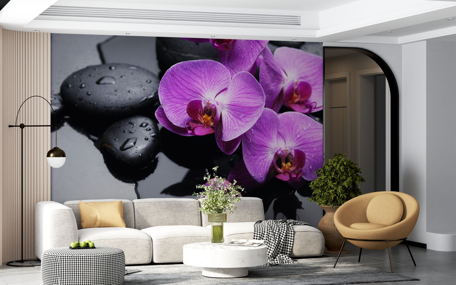 Fotobehang paarse orchidee omringd door water en stenen