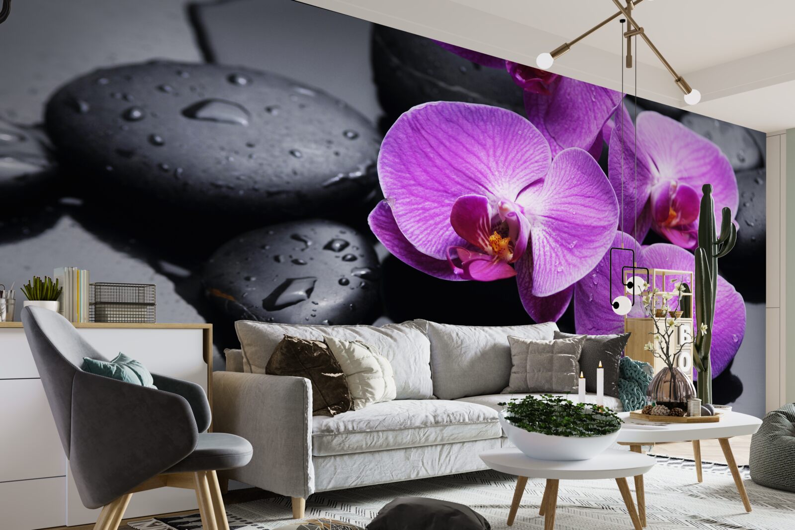 Fotobehang paarse orchidee omringd door water en stenen