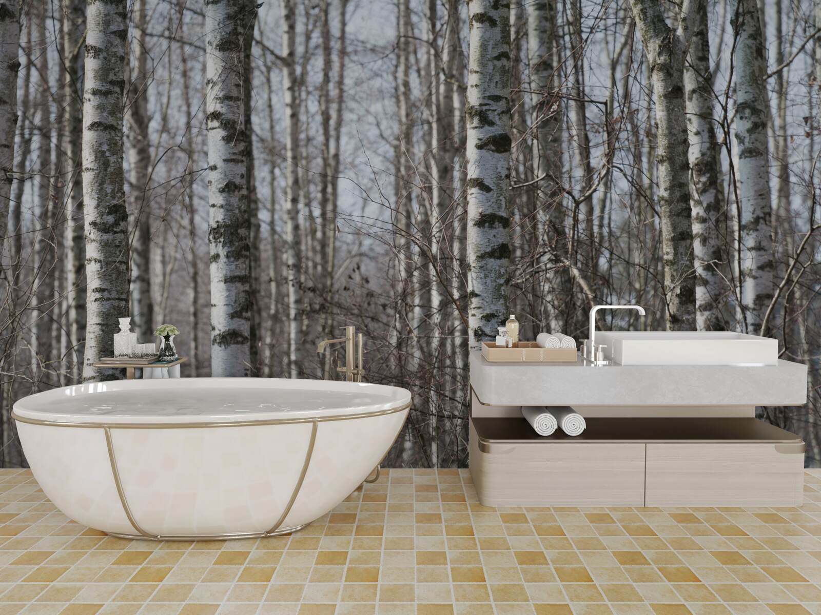 Fotobehang omgevallen sierlijke berken