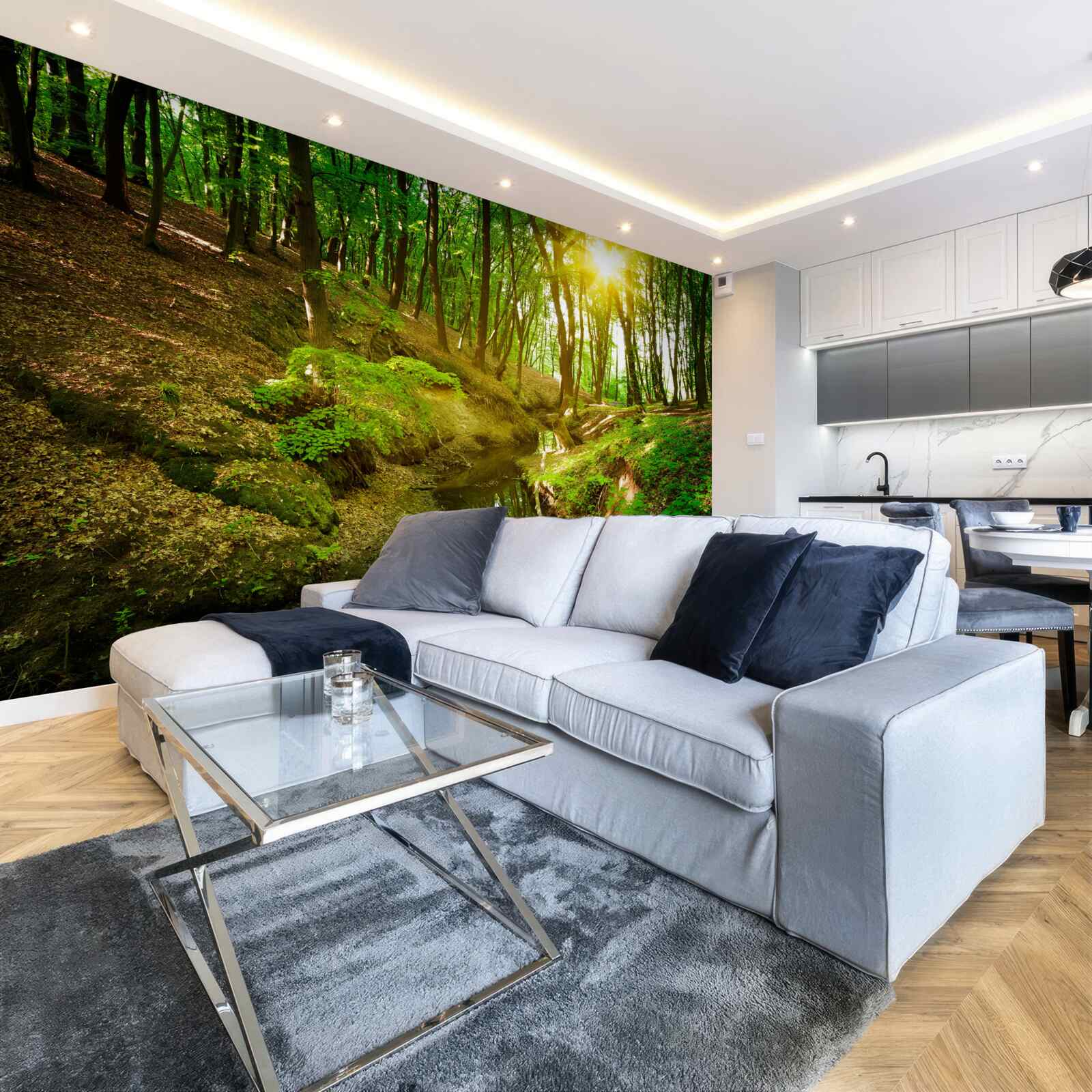 Fotobehang ochtendzonlicht in een groen bos vol bladeren