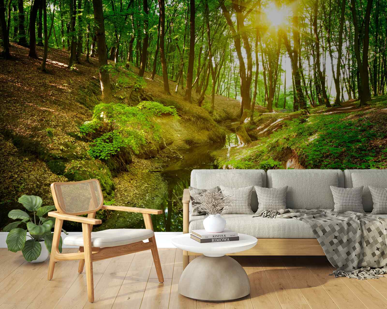 Fotobehang ochtendzonlicht in een groen bos vol bladeren