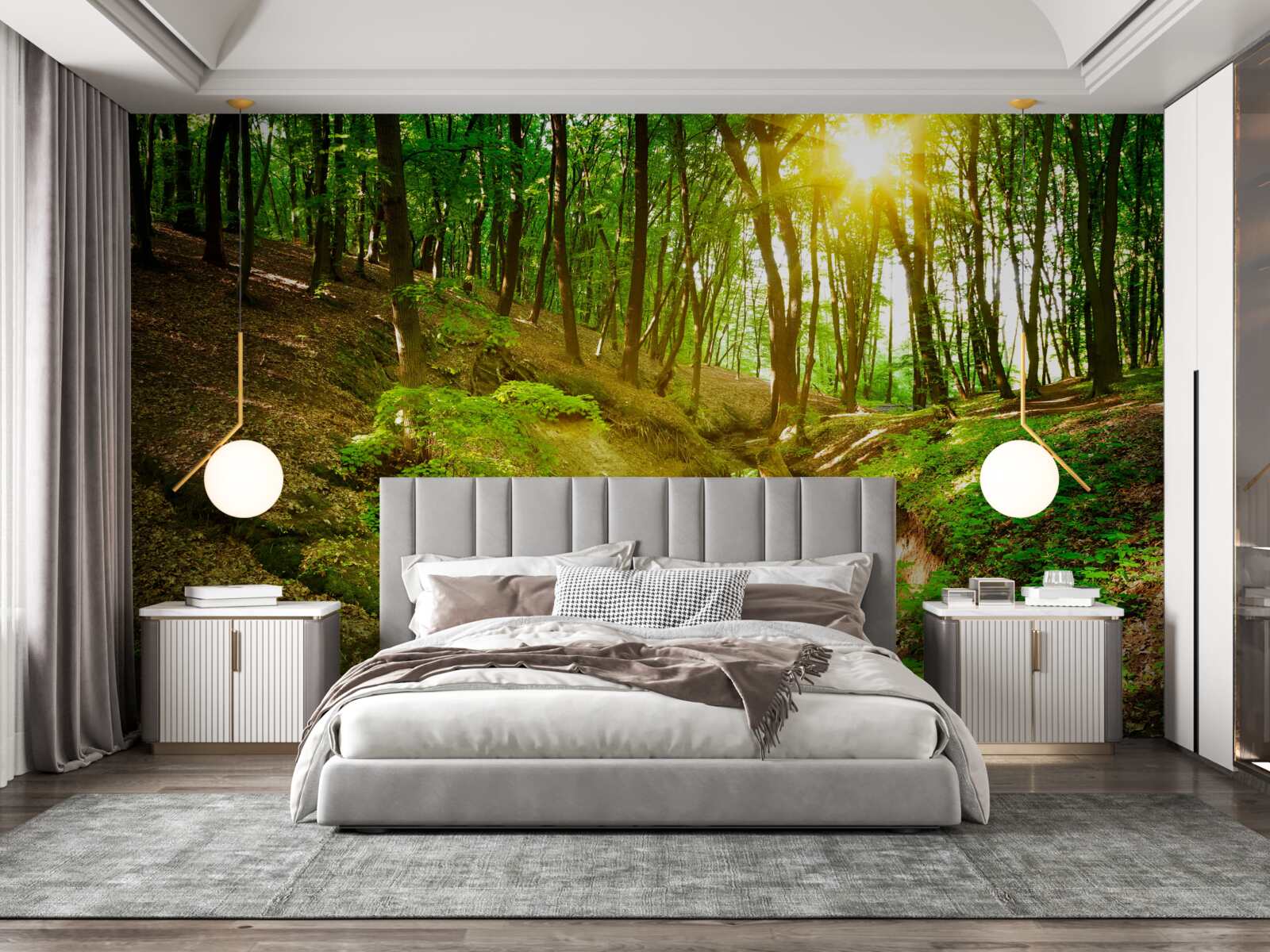 Fotobehang ochtendzonlicht in een groen bos vol bladeren