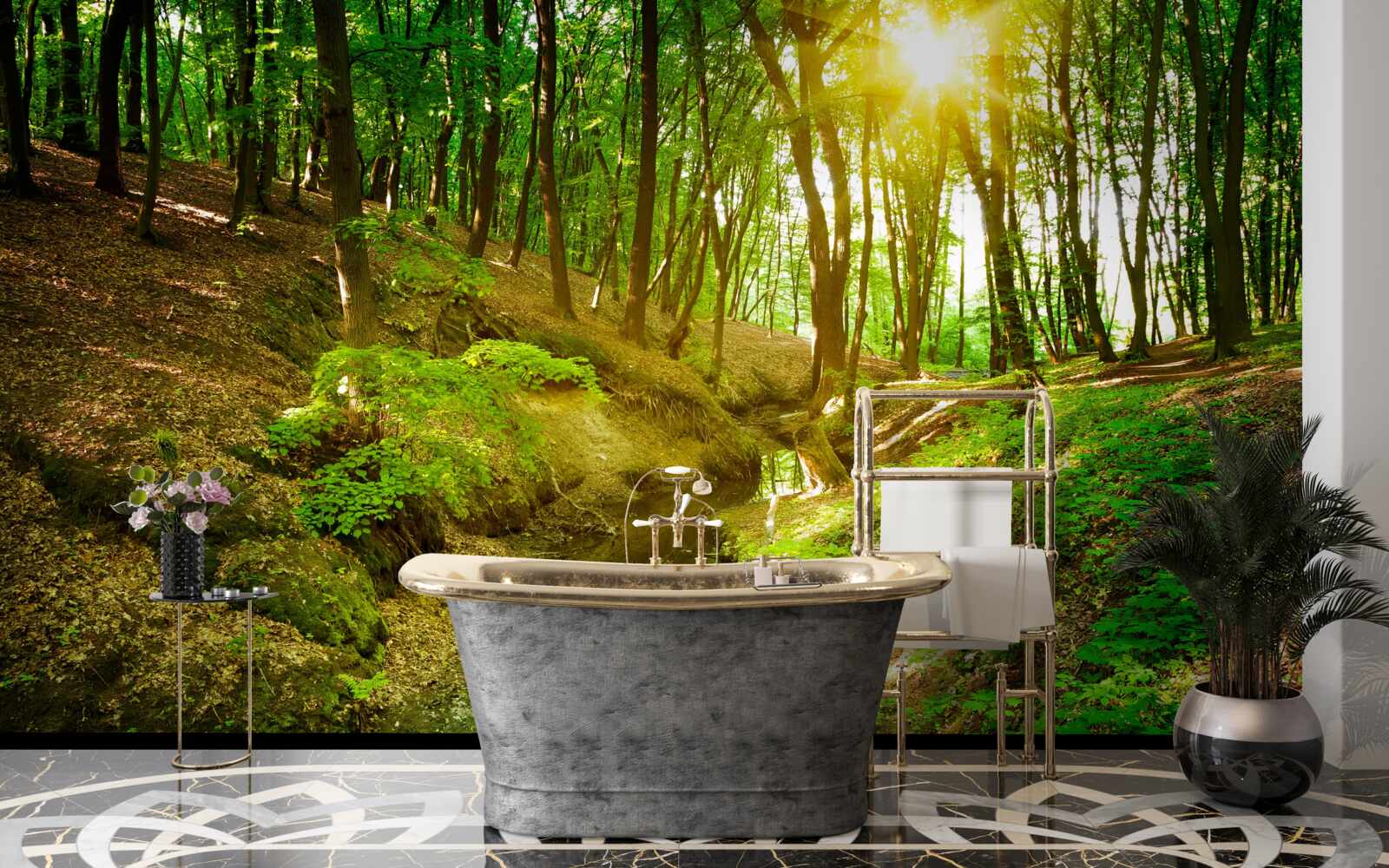 Fotobehang ochtendzonlicht in een groen bos vol bladeren