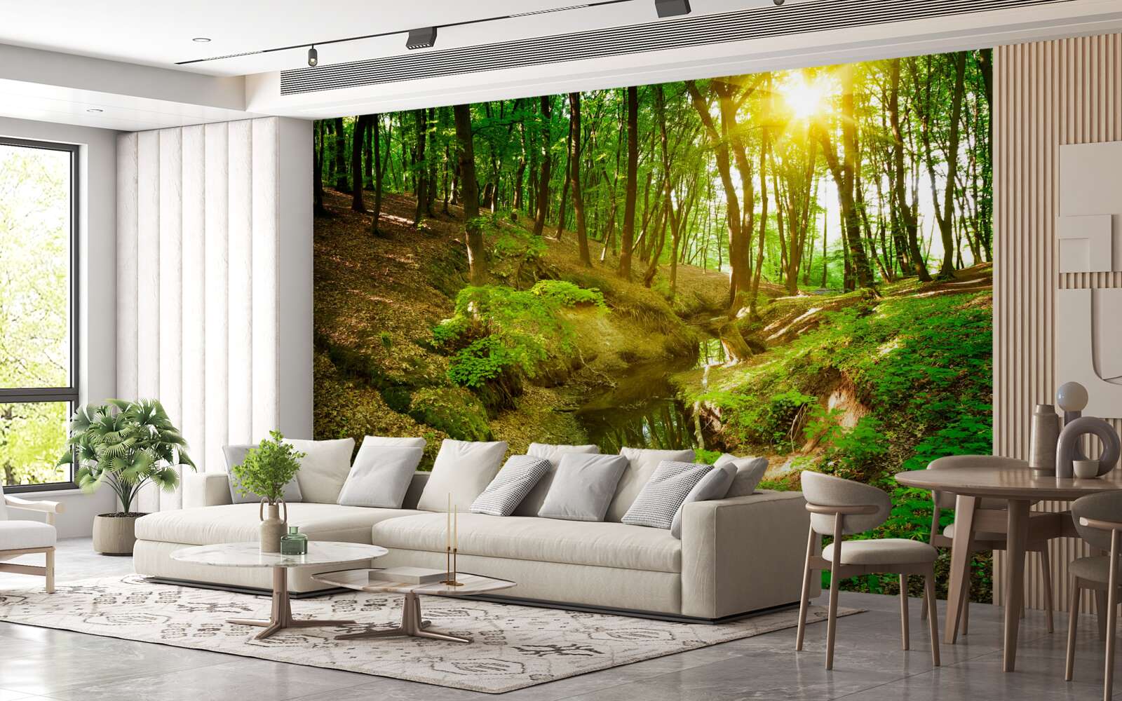 Fotobehang ochtendzonlicht in een groen bos vol bladeren