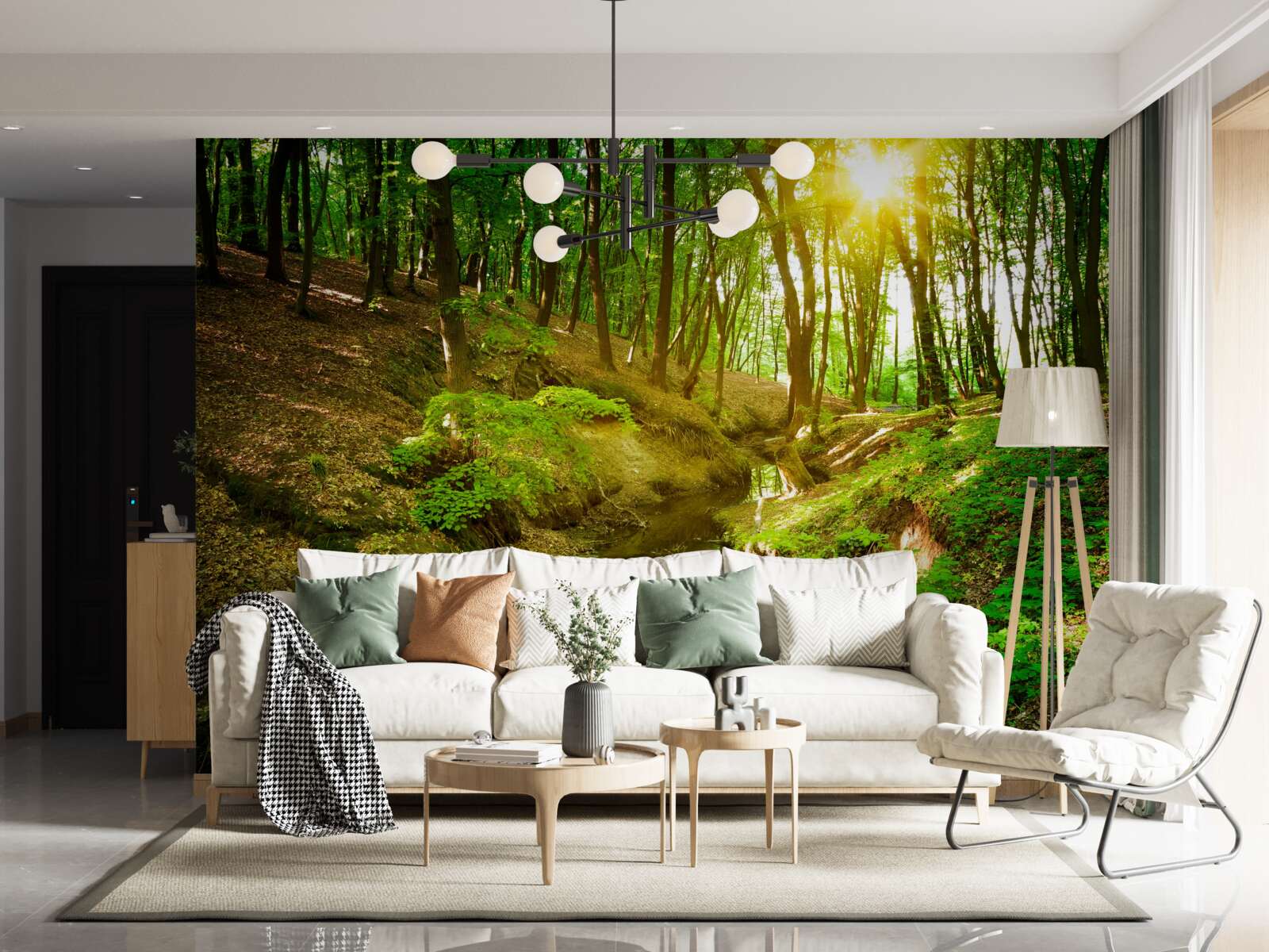 Fotobehang ochtendzonlicht in een groen bos vol bladeren