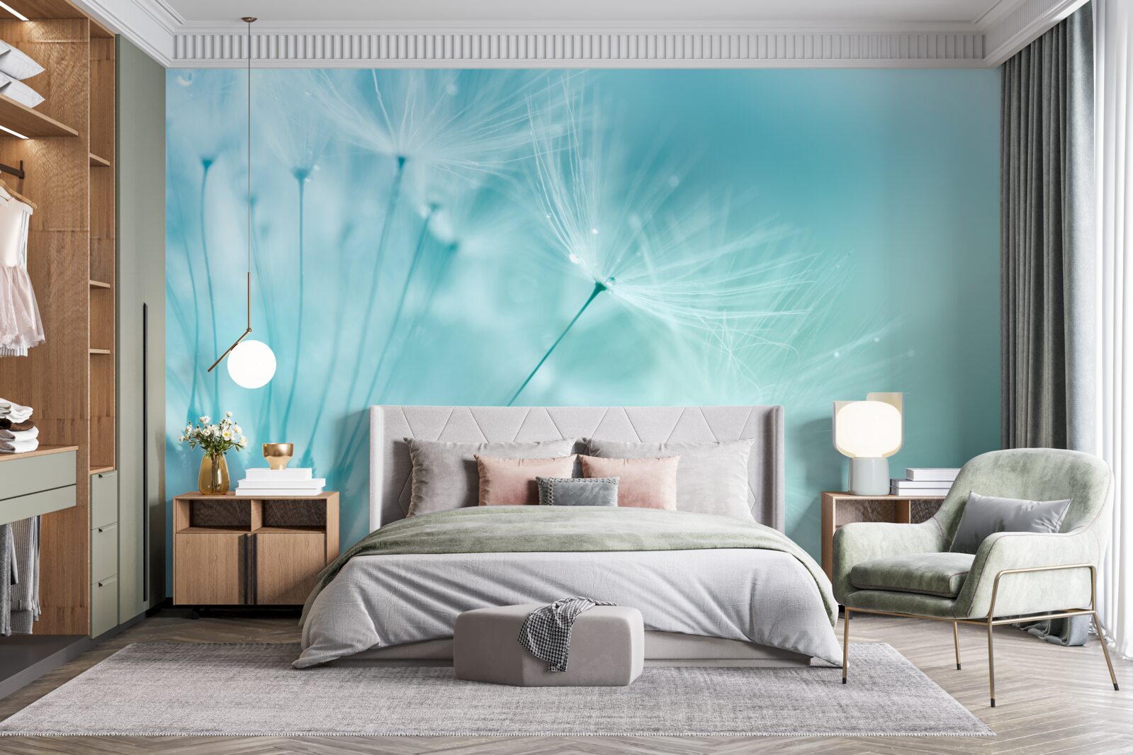 Fotobehang paardenbloem met bloemen tegen een blauwe lucht