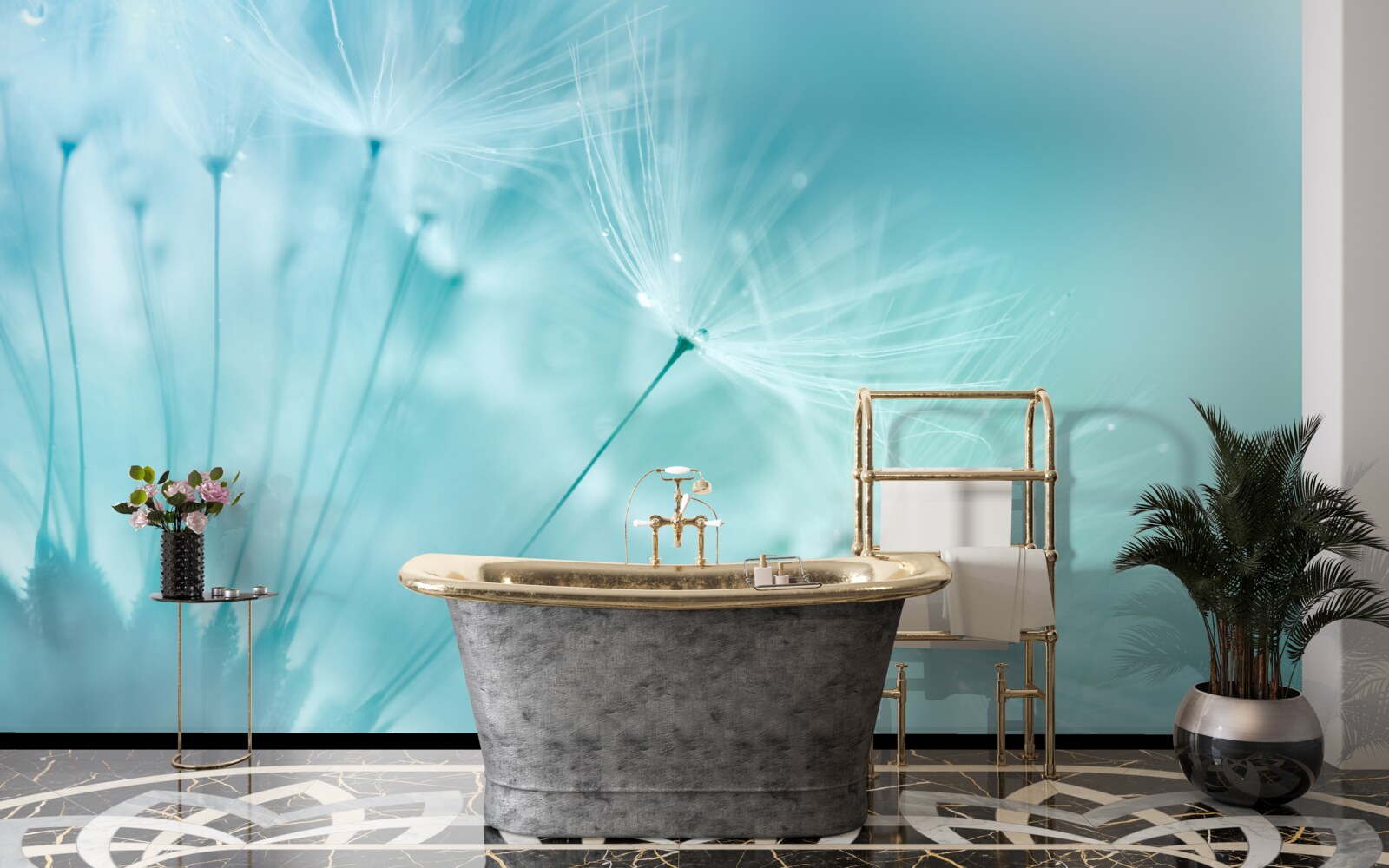 Fotobehang paardenbloem met bloemen tegen een blauwe lucht