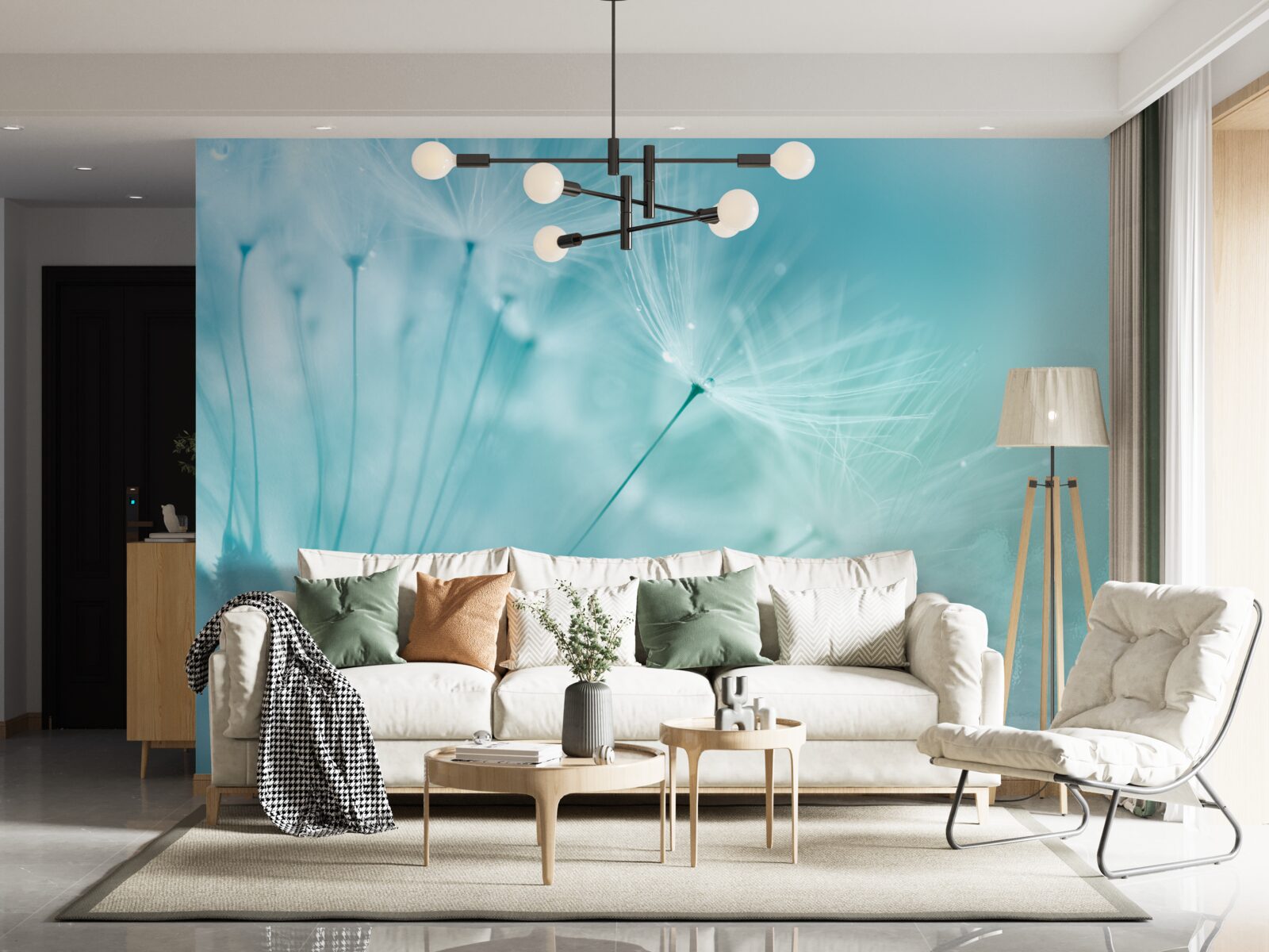 Fotobehang paardenbloem met bloemen tegen een blauwe lucht