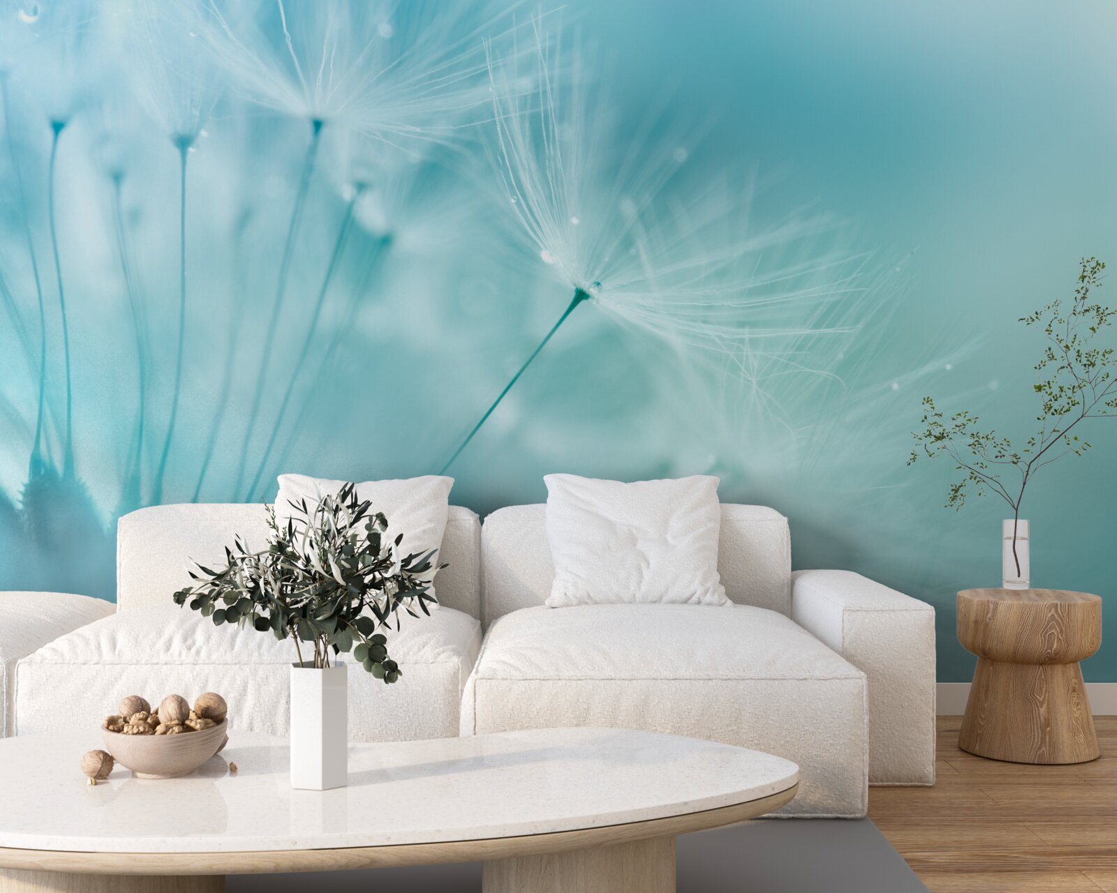 Fotobehang paardenbloem met bloemen tegen een blauwe lucht